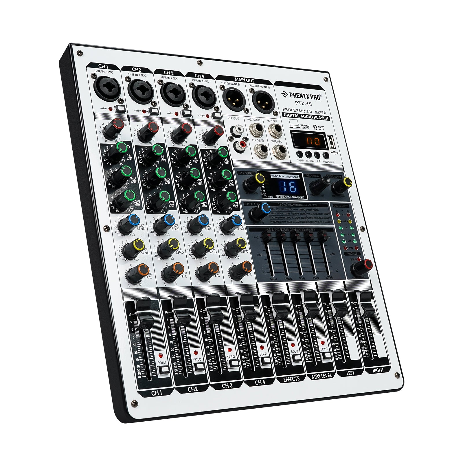 Phenyx Pro PTX-15 - Black - Professional 8-Channel Audio Mixer - Front Right Angle