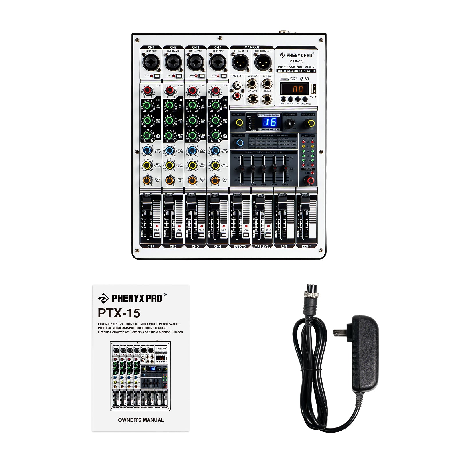 Phenyx Pro PTX-15 - Black - Professional 8-Channel Audio Mixer - Flat Lay View of Complete Set