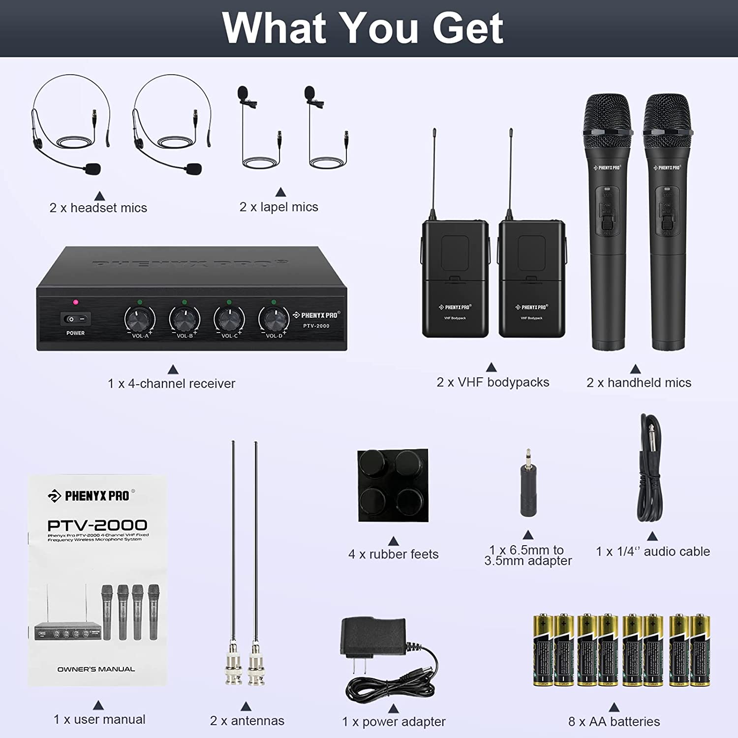 PTV-2000-2H2B | Sistema de microfone sem fio quádruplo de frequência fixa VHF