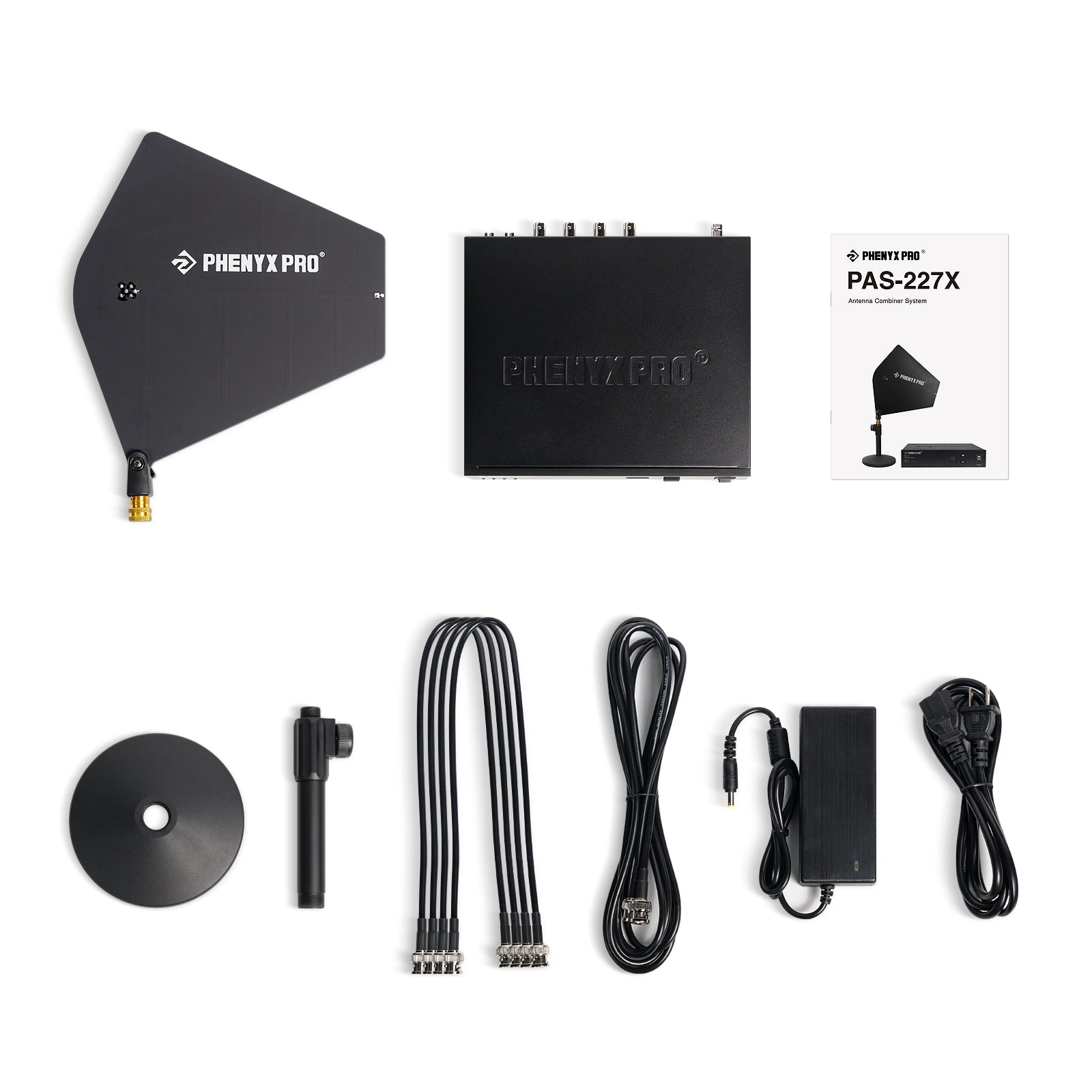 PAS-227X_-_Black_-_UHF_4-Way_Wireless_Antenna_Combiner_Bundle_-_Flat_Lay_View_of_Complete_Set_-_Phenyx_Pro