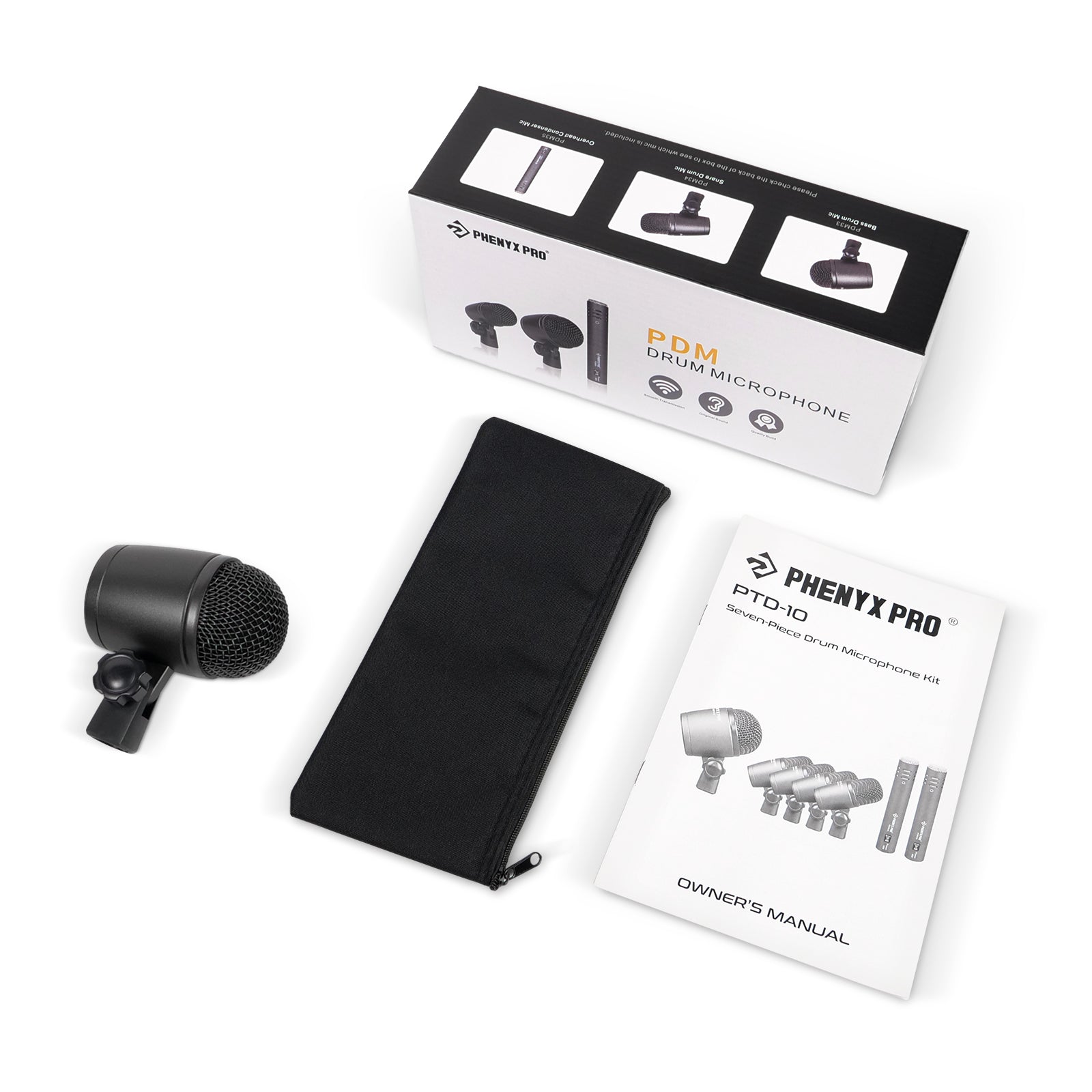 PDM33 - Black - Bass/Kick Drum Microphone - Flat Lay View of Complete Set - Phenyx Pro