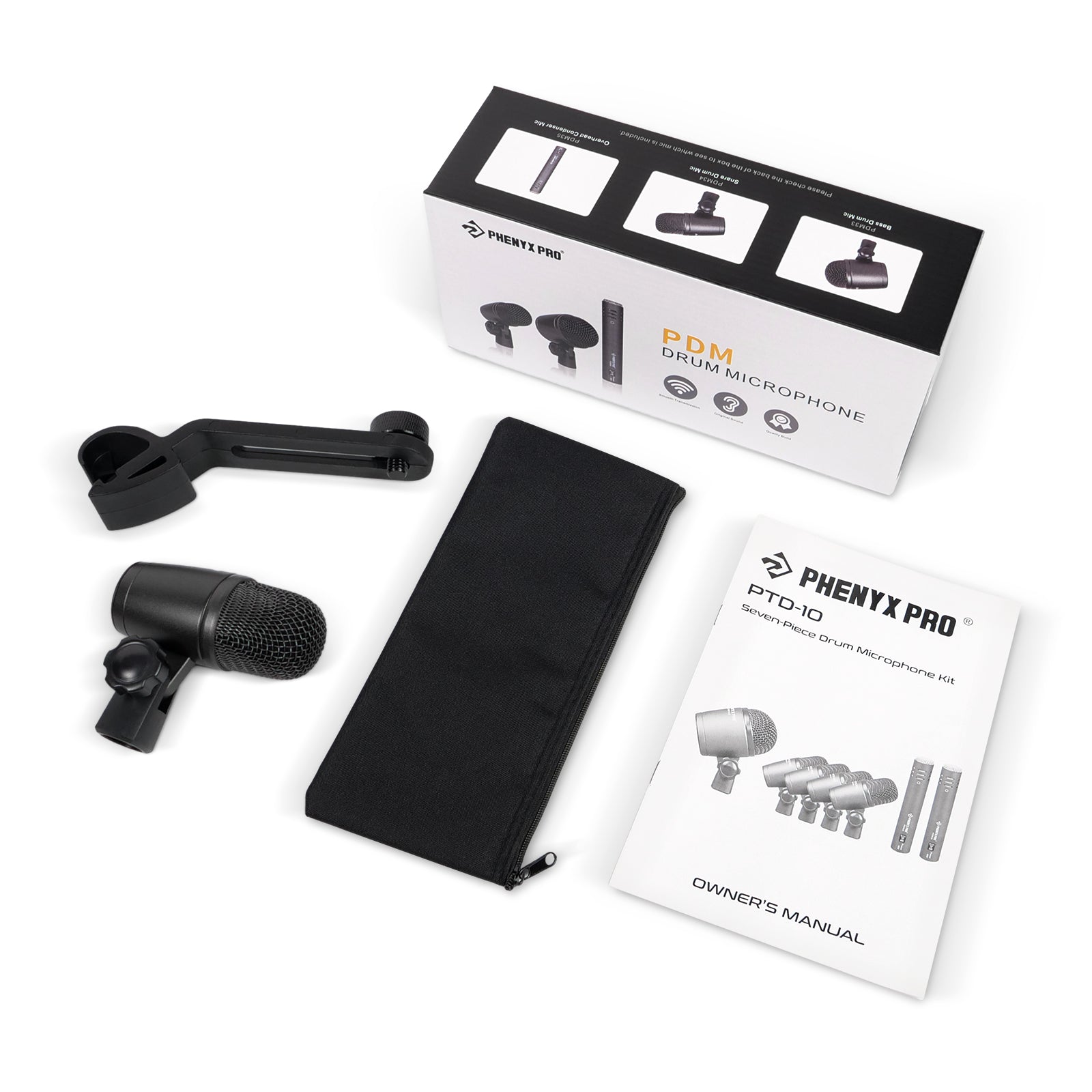 PDM34 - Black - Snare/Toms Drum Microphone - Flat Lay View of Complete Set - Phenyx Pro