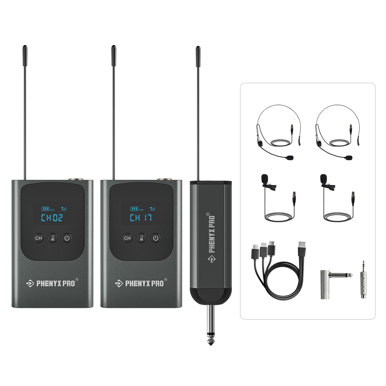PDP-2-2B - Black - Dual Digital Portable Wireless Microphone System - Front - Phenyx Pro