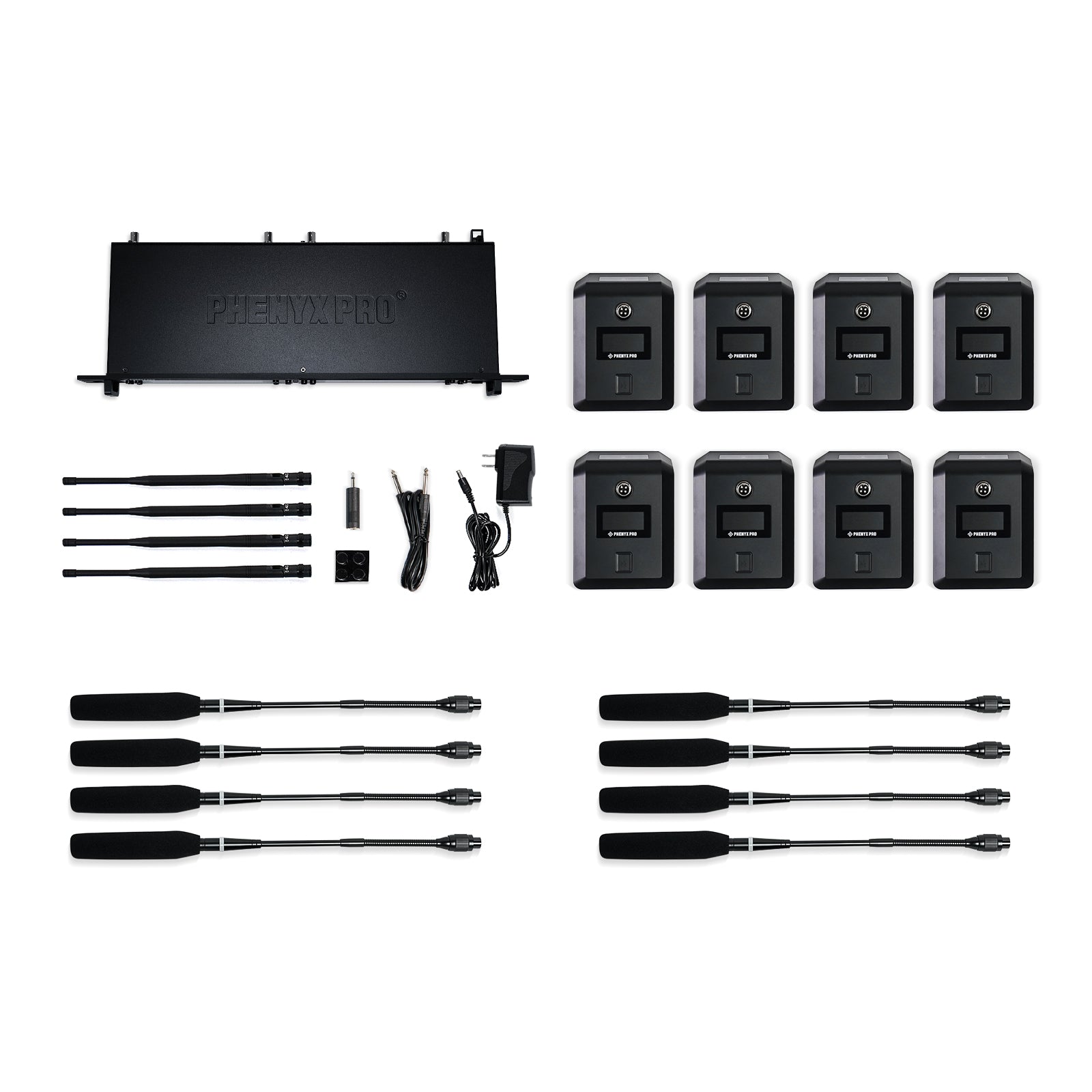 PTC-8 - Black - Eight Channel Wireless Conference Microphone System - Flat Lay View of Complete Set - Phenyx Pro