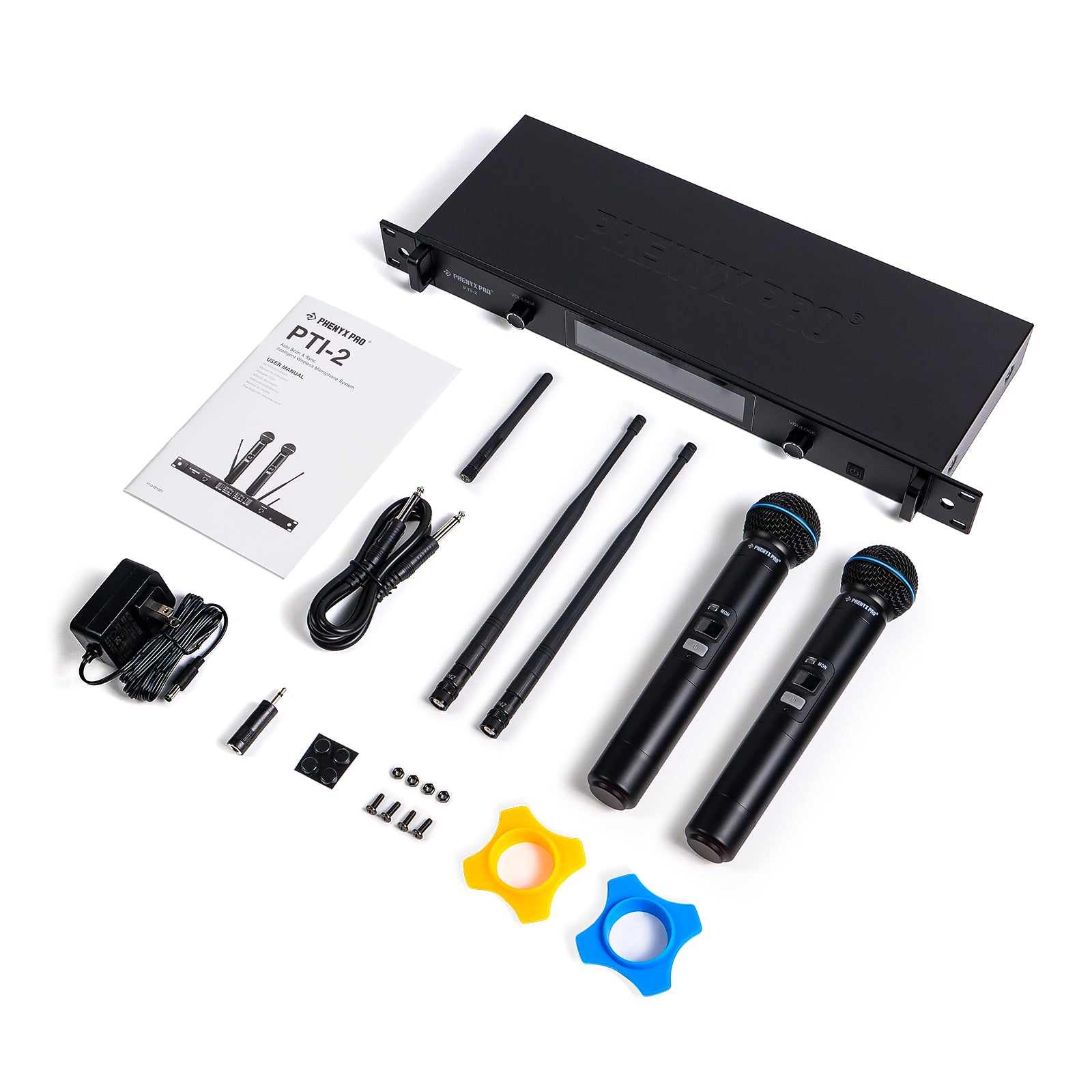 PTI-2 - Black - Intelligent Wireless Microphone System - Flat Lay View of Complete Set - Phenyx Pro