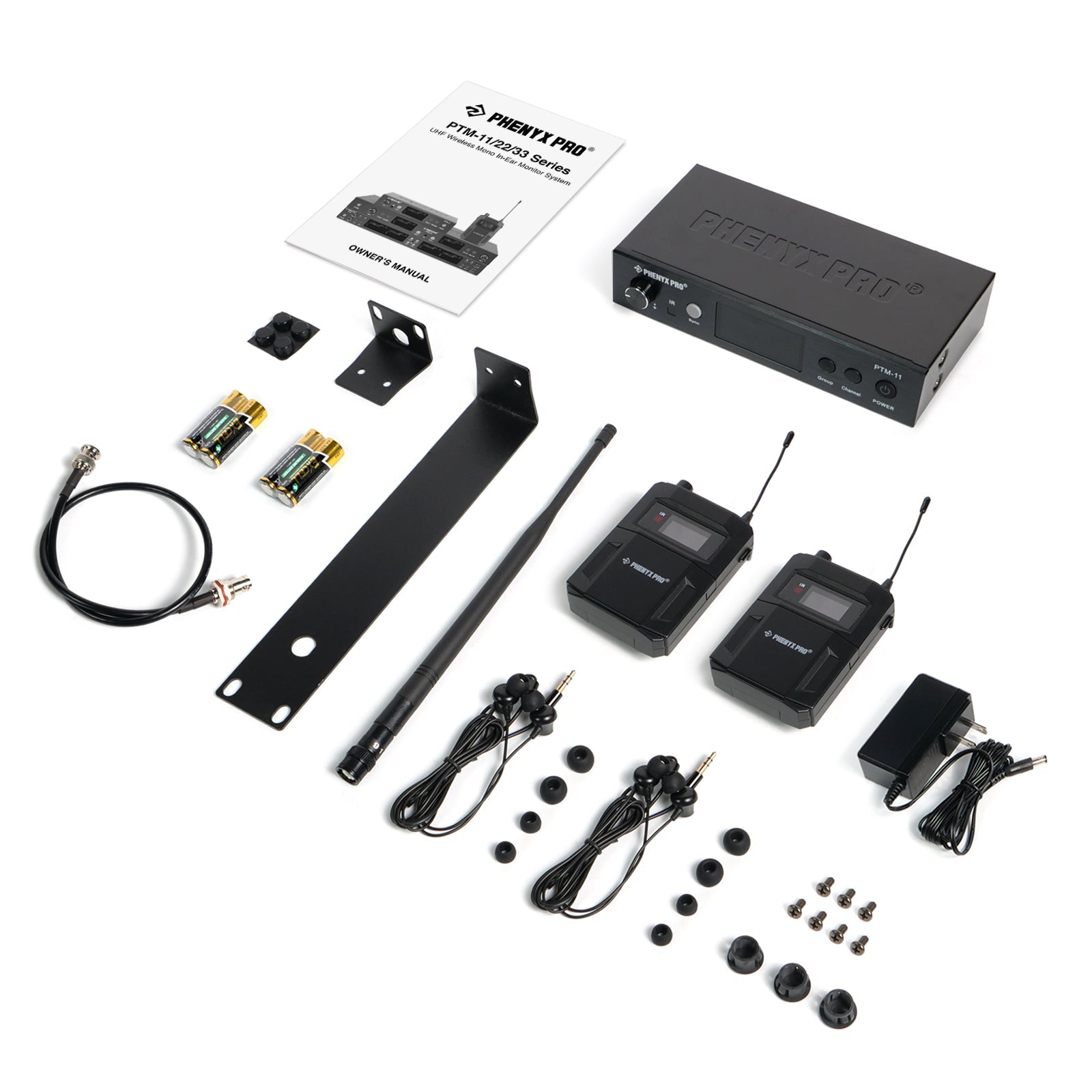 PTM-11-2B - Black - UHF Mono Wireless In-Ear Monitor System - Flat Lay View of Complete Set - Phenyx Pro