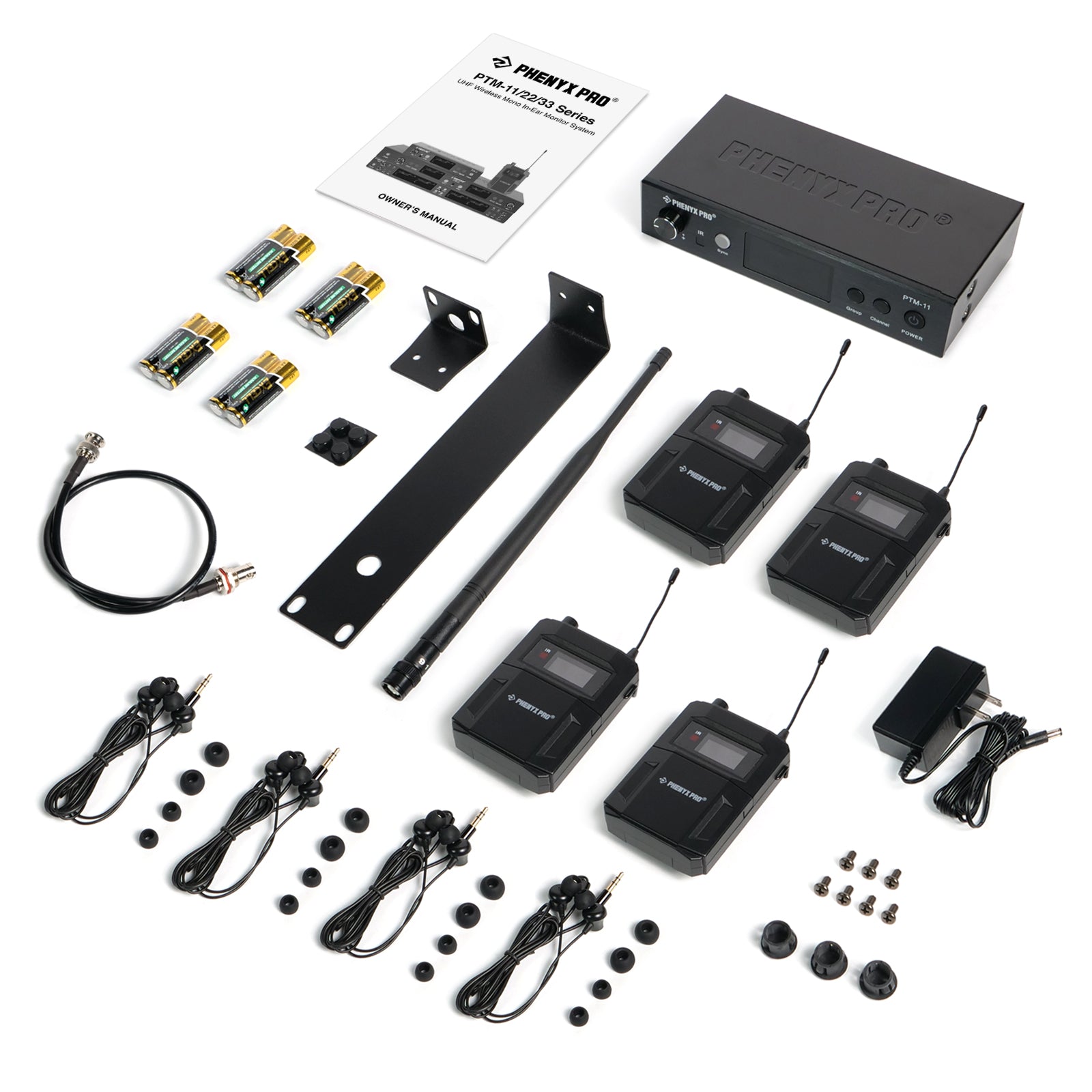 PTM-11-4B - Black - UHF Mono Wireless In-Ear Monitor System - Flat Lay View of Complete Set - Phenyx Pro