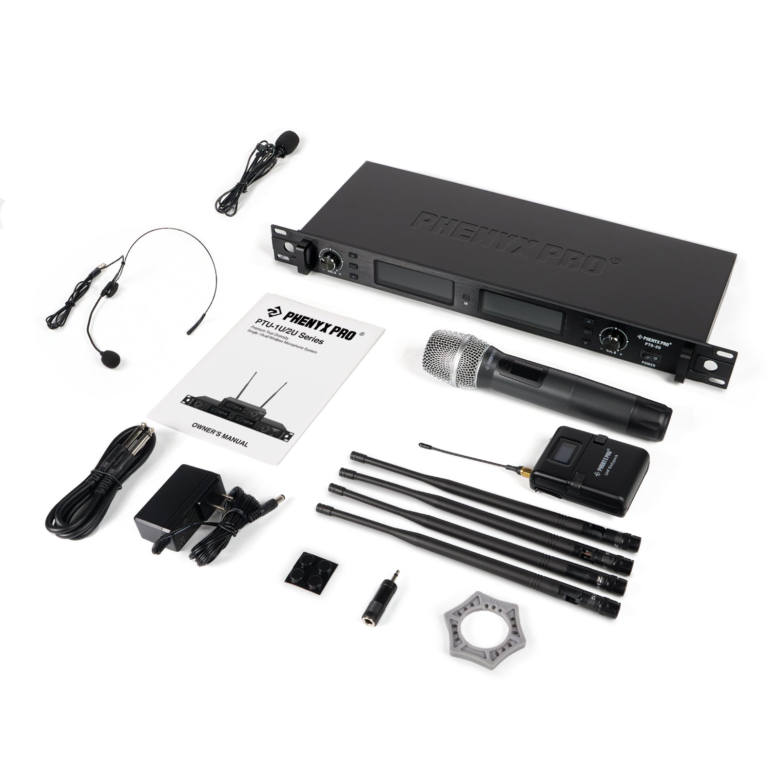PTU-2U-1H1B - Black - True Diversity Dual Wireless Microphone System - Flat Lay View of Complete Set - Phenyx Pro