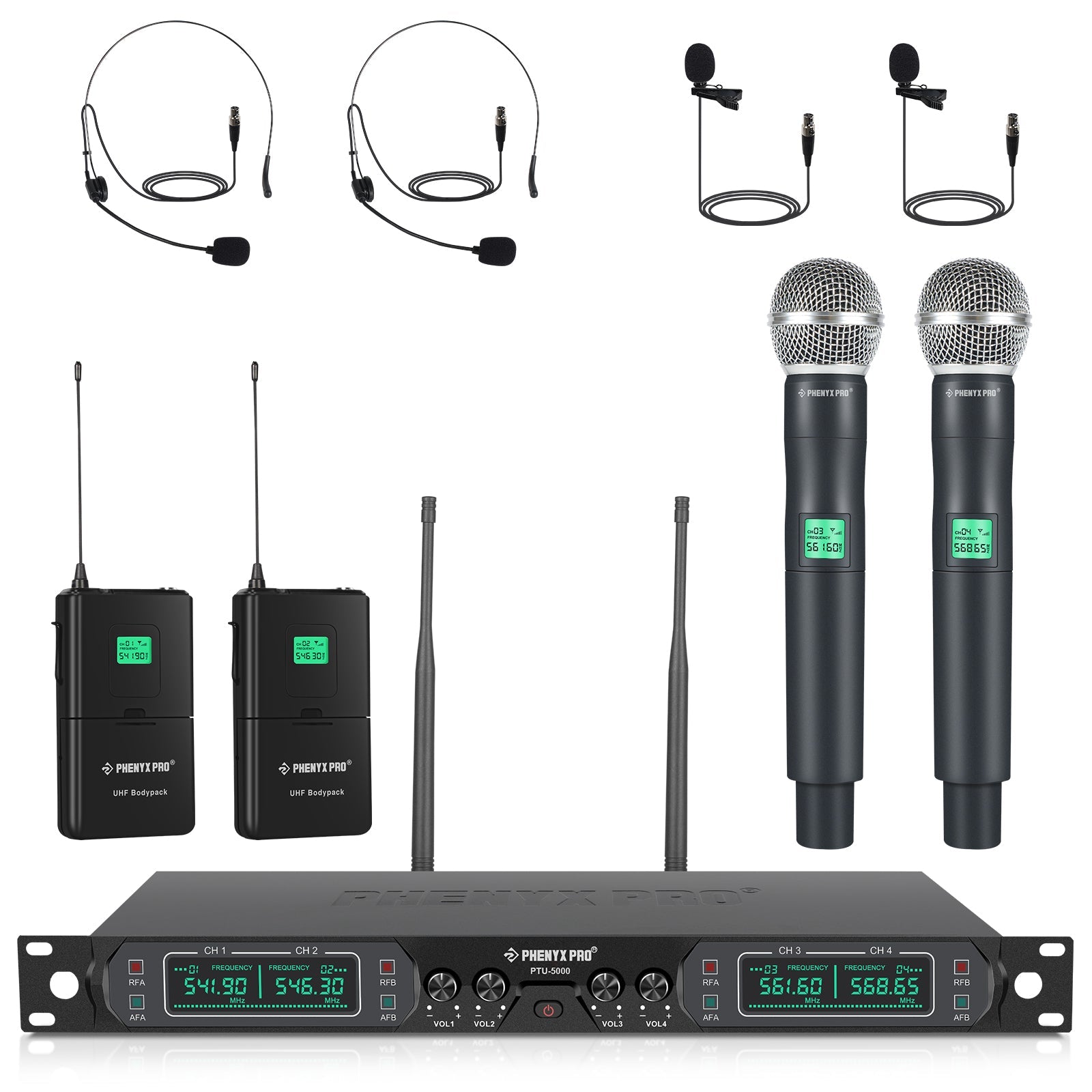 PTU-5000-2H2B - Black - UHF Fixed Frequency Quad Wireless Microphone System - Front - Phenyx Pro
