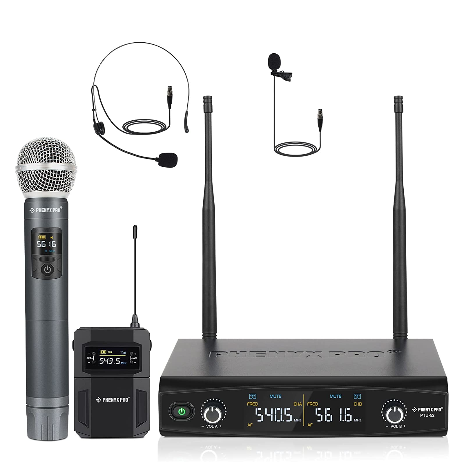 PTU-52-1H1B - Black - UHF Frequency Hopping Dual Wireless Microphone System - Front - Phenyx Pro