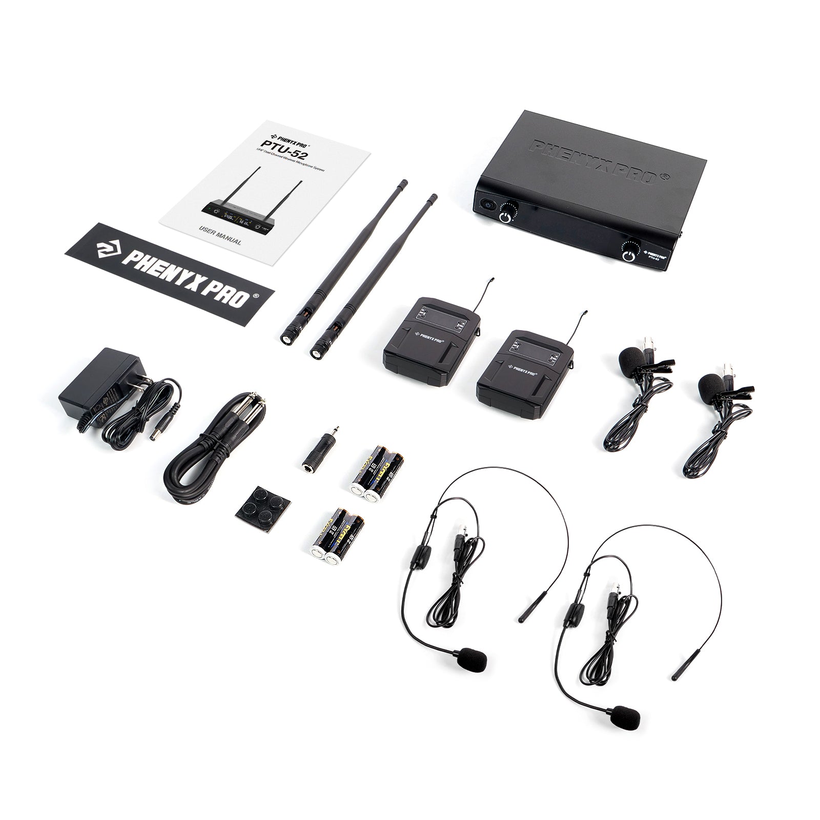 PTU-52-2B - Black - Frequency Hopping Dual Wireless Microphone System - Flat Lay View of Complete Set - Phenyx Pro