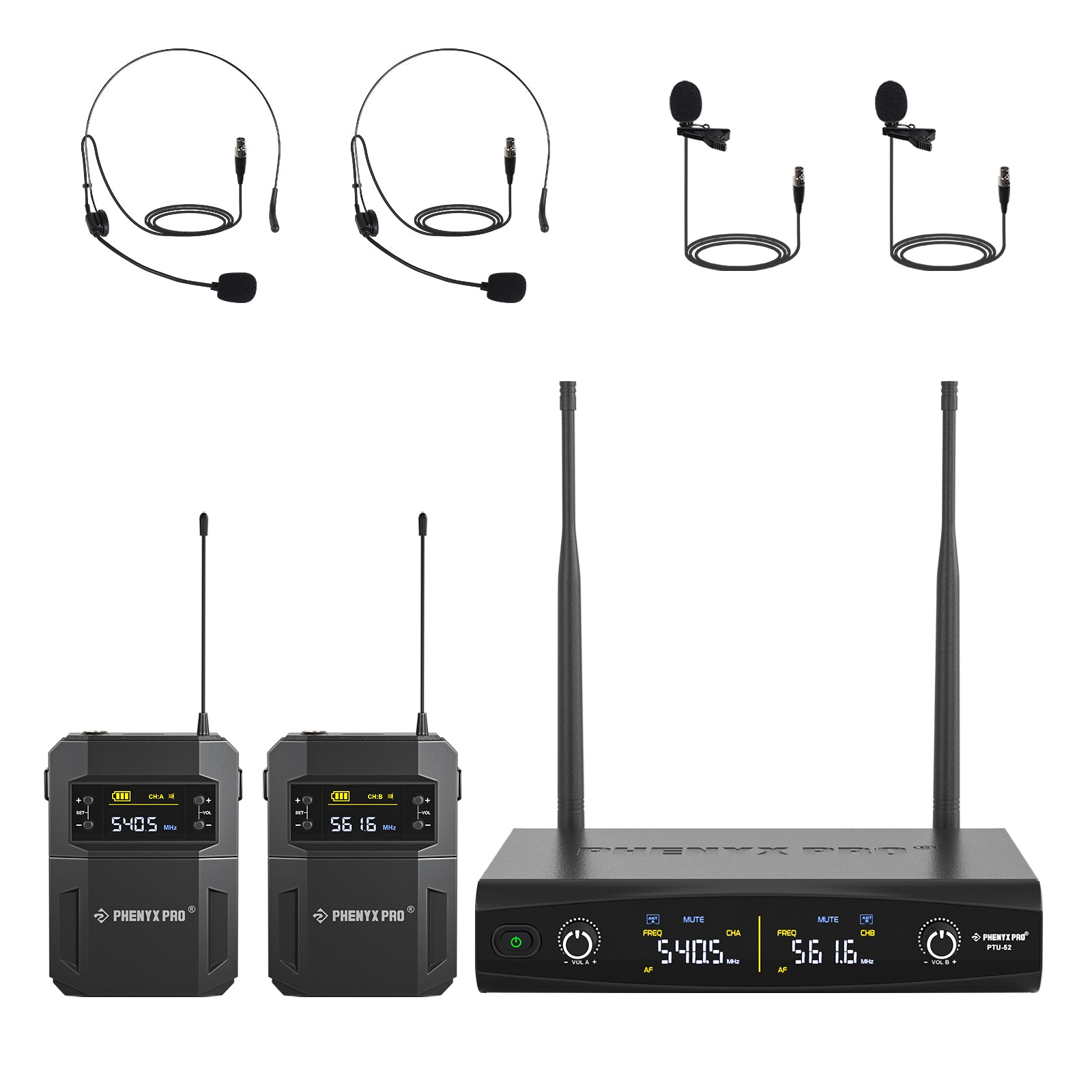 PTU-52-2B - Black - Frequency Hopping Dual Wireless Microphone System - Front - Phenyx Pro
