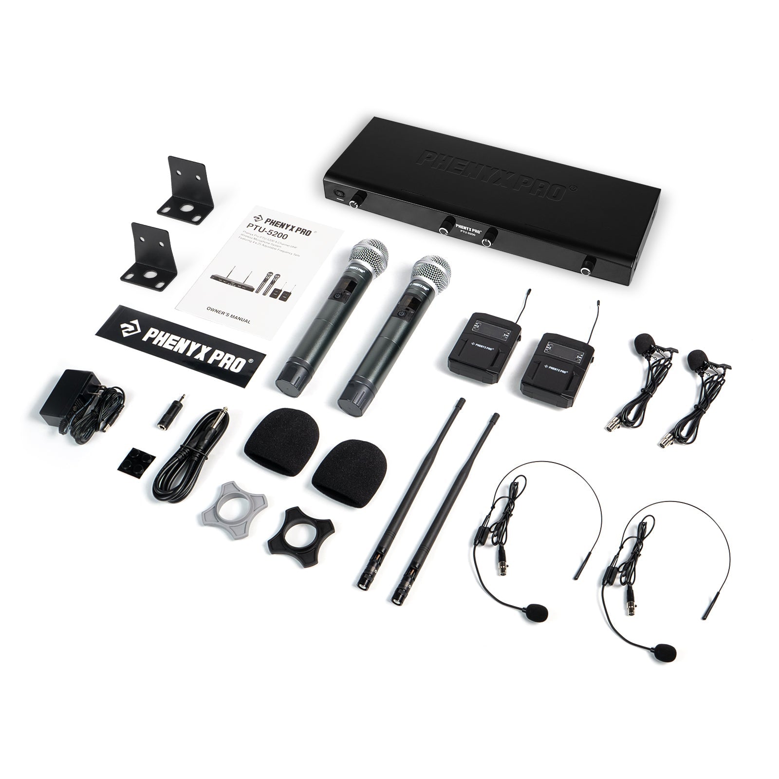 PTU-5200-2H2B_-_Black_-_UHF_Frequency_Hopping_Quad_Wireless_Microphone_System_-_Flat_Lay_View_of_Complete_Set_-_Phenyx_Pro
