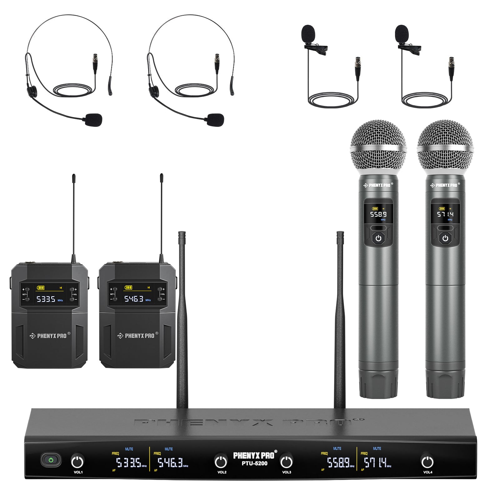 PTU-5200-2H2B - Black - UHF Frequency Hopping Quad Wireless Microphone System - Front - Phenyx Pr