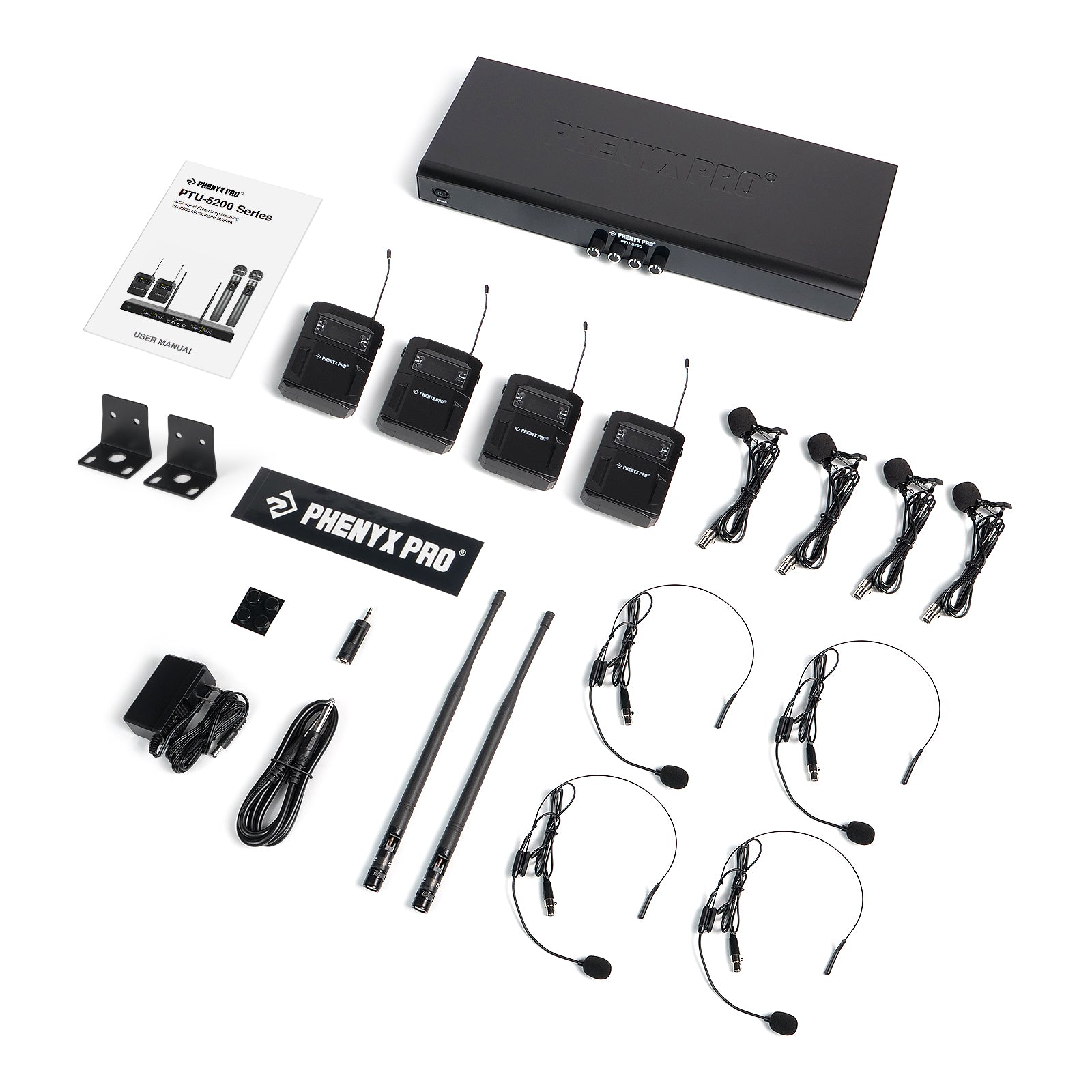 PTU-5200-4B_-_Black_-_Frequency_Hopping_Quad_Wireless_Microphone_System_-_Flat_Lay_View_of_Complete_Set_-_Phenyx_Pro