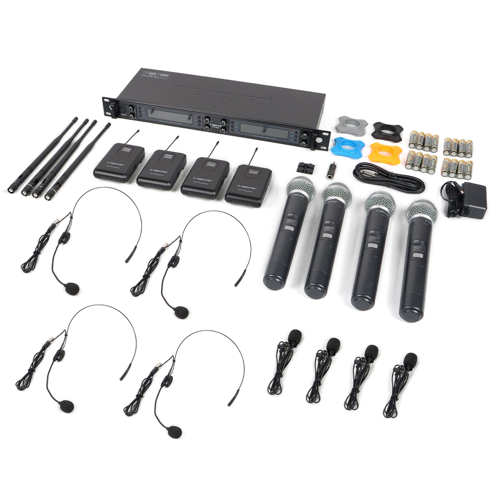 PTU-6000-4H4B - Black - Professional Eight-Channel Auto-Scan Wireless Microphone System - Flat Lay View of Complete Set - Phenyx Pro