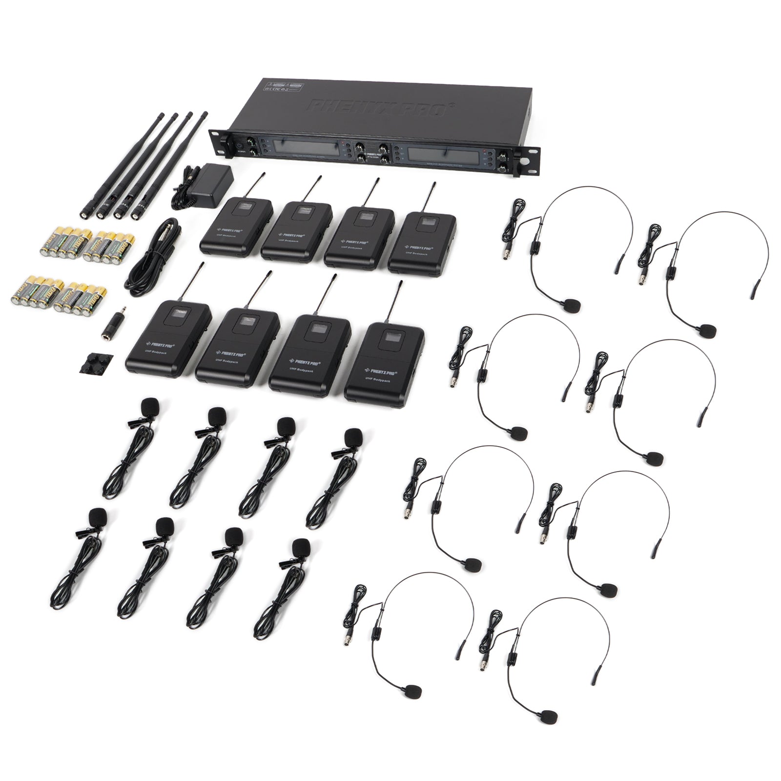 PTU-6000-8B - Black - Professional Eight-Channel Auto-Scan Wireless Microphone System - Flat Lay View of Complete Set - Phenyx Pro