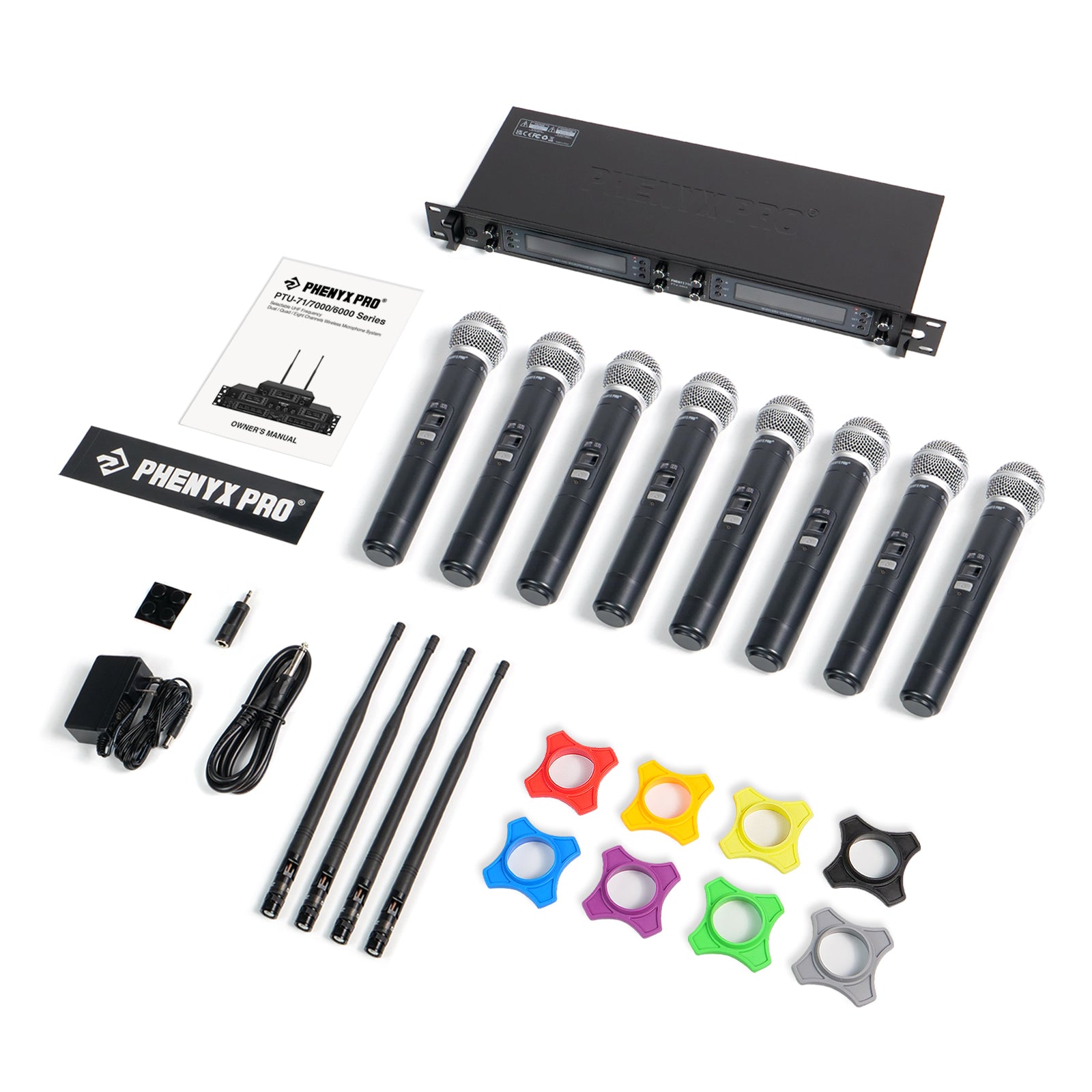 PTU-6000-8H - Black - Professional Eight-Channel Auto-Scan Wireless Microphone System - Flat Lay View of Complete Set - Phenyx Pro