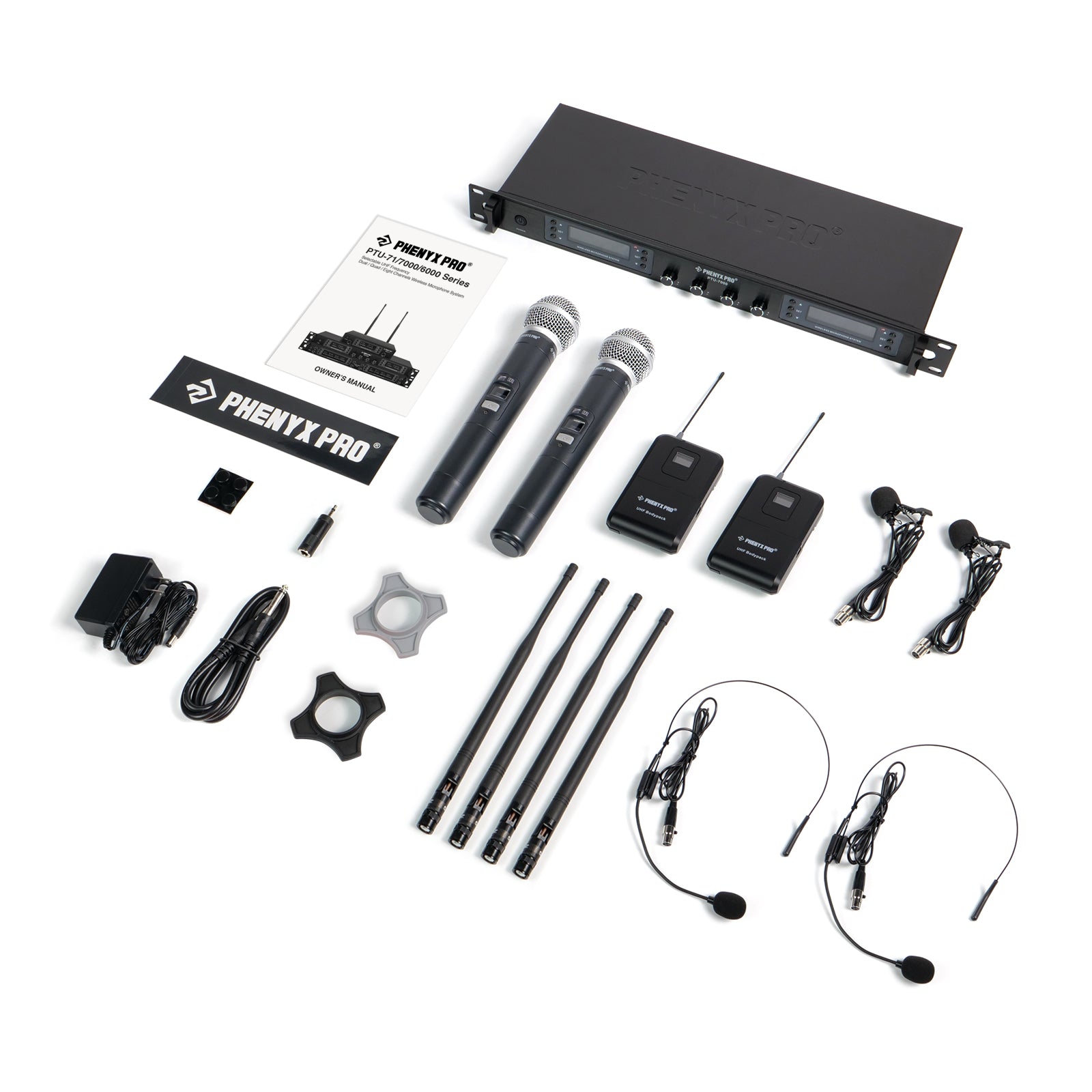 PTU-7000-2H2B - Black - Professional Quad-Channel Auto-Scan Wireless Microphone System - Flat Lay View of Complete Set - Phenyx Pro