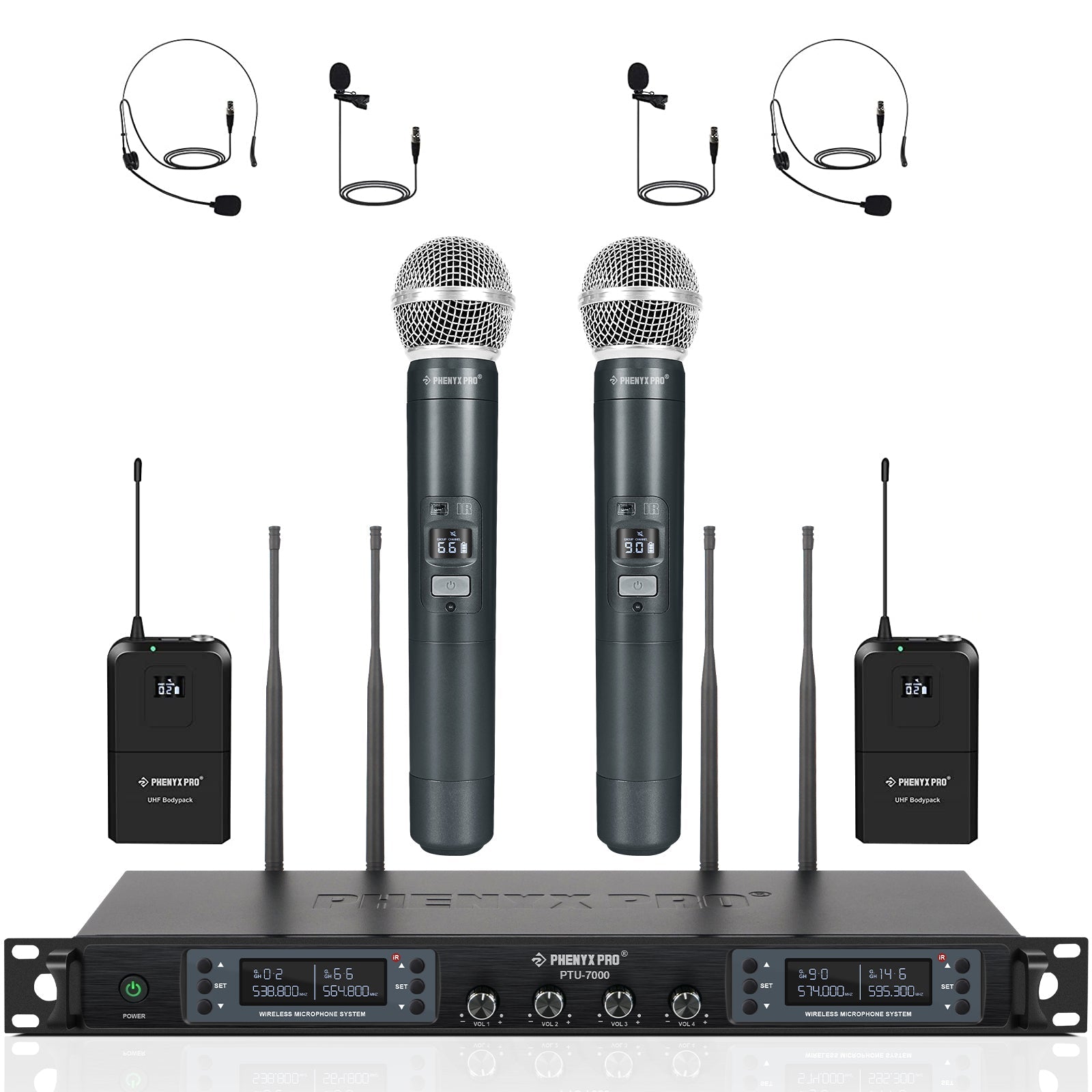 PTU-7000-2H2B - Black - Professional Quad-Channel Auto-Scan Wireless Microphone System w/ Black Headsets/Lapel Microphones - Front - Phenyx Pro