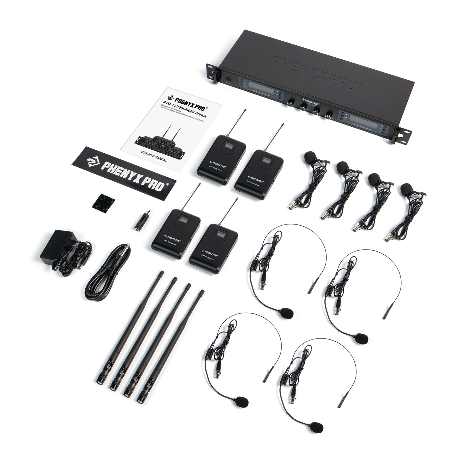 PTU-7000-4B - Black - Professional Quad-Channel Auto-Scan Wireless Microphone System - Flat Lay View of Complete Set - Phenyx Pro