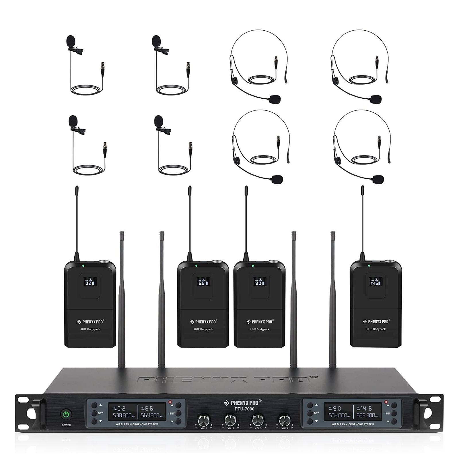 PTU-7000-4B - Black - Professional Quad-Channel Auto-Scan Wireless Microphone System - Front - Phenyx Pro