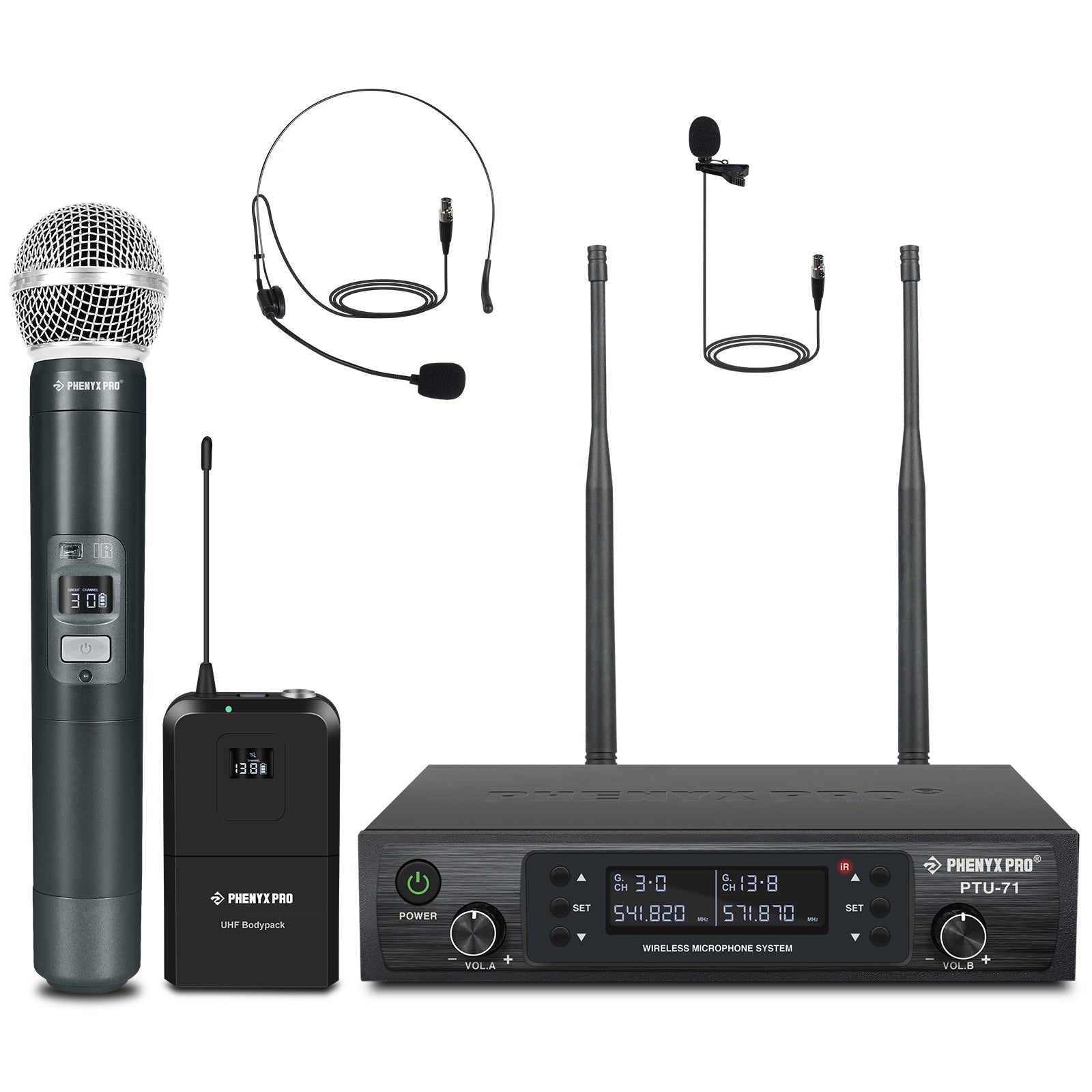 PTU-71-1H1B - Black - Professional Dual-Channel Auto-Scan Wireless Microphone System - Front - Phenyx Pro