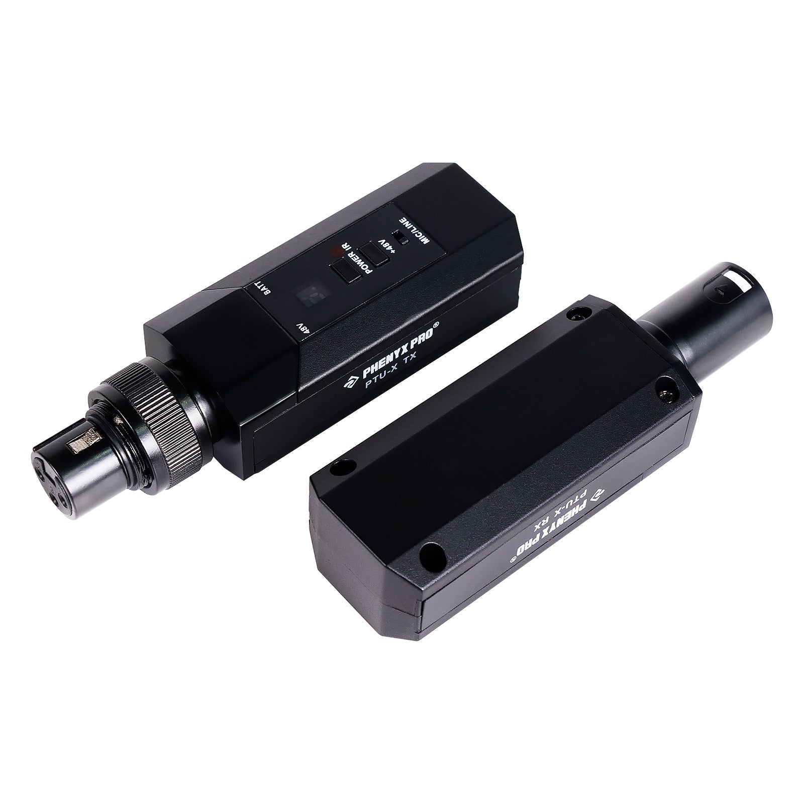 PTU-X - Black - Plug-on XLR Wireless Transmitter Receiver System - Front and Back View - Phenyx Pro