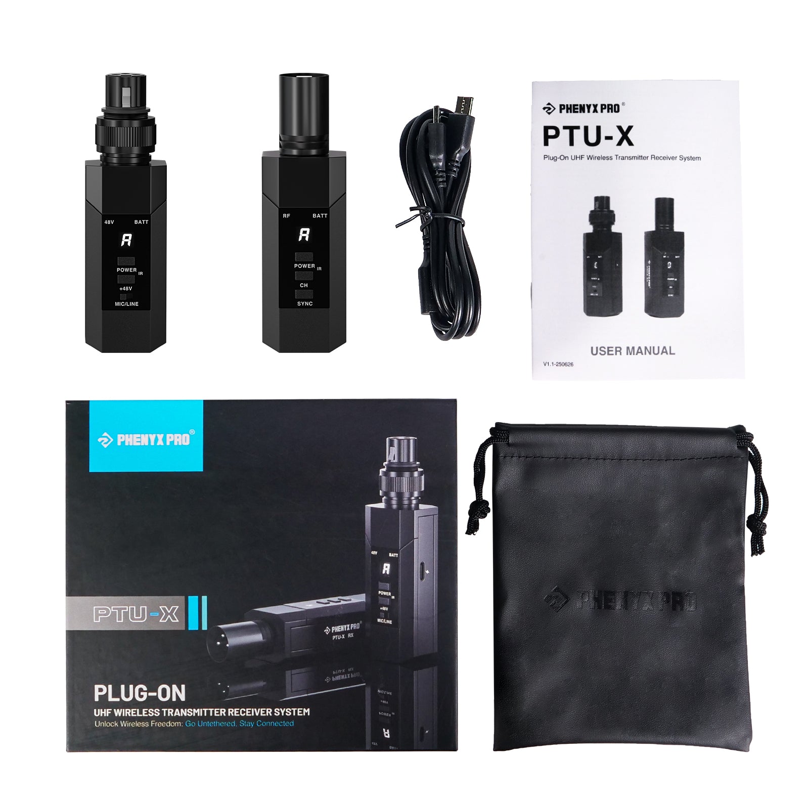 PTU-X - Black - Plug-on XLR Wireless Transmitter Receiver System - Product Kit Display - Phenyx Pro
