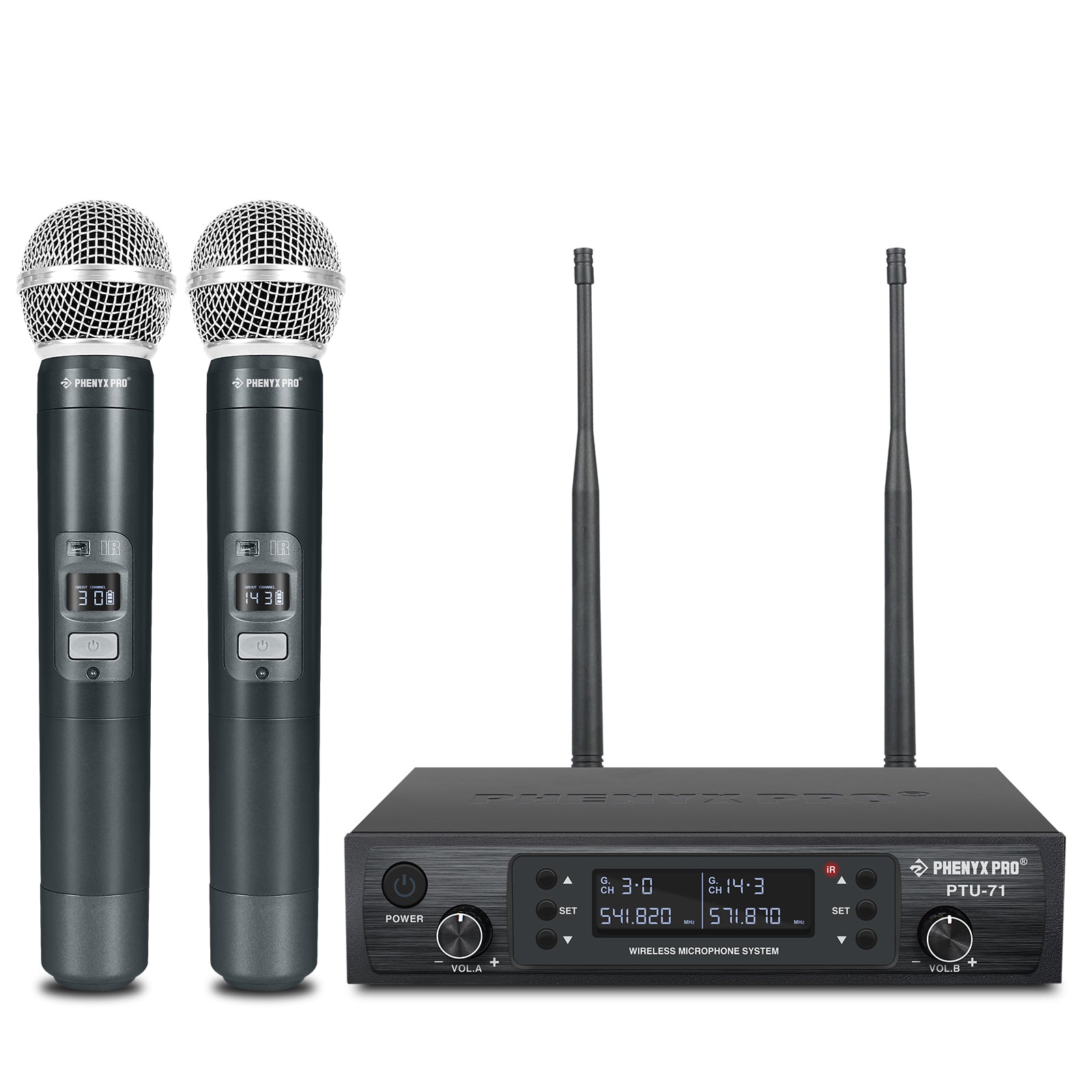 Phenyx Pro PTU-71A Dual Handheld UHF Wireless Microphone System with 2x100 channels