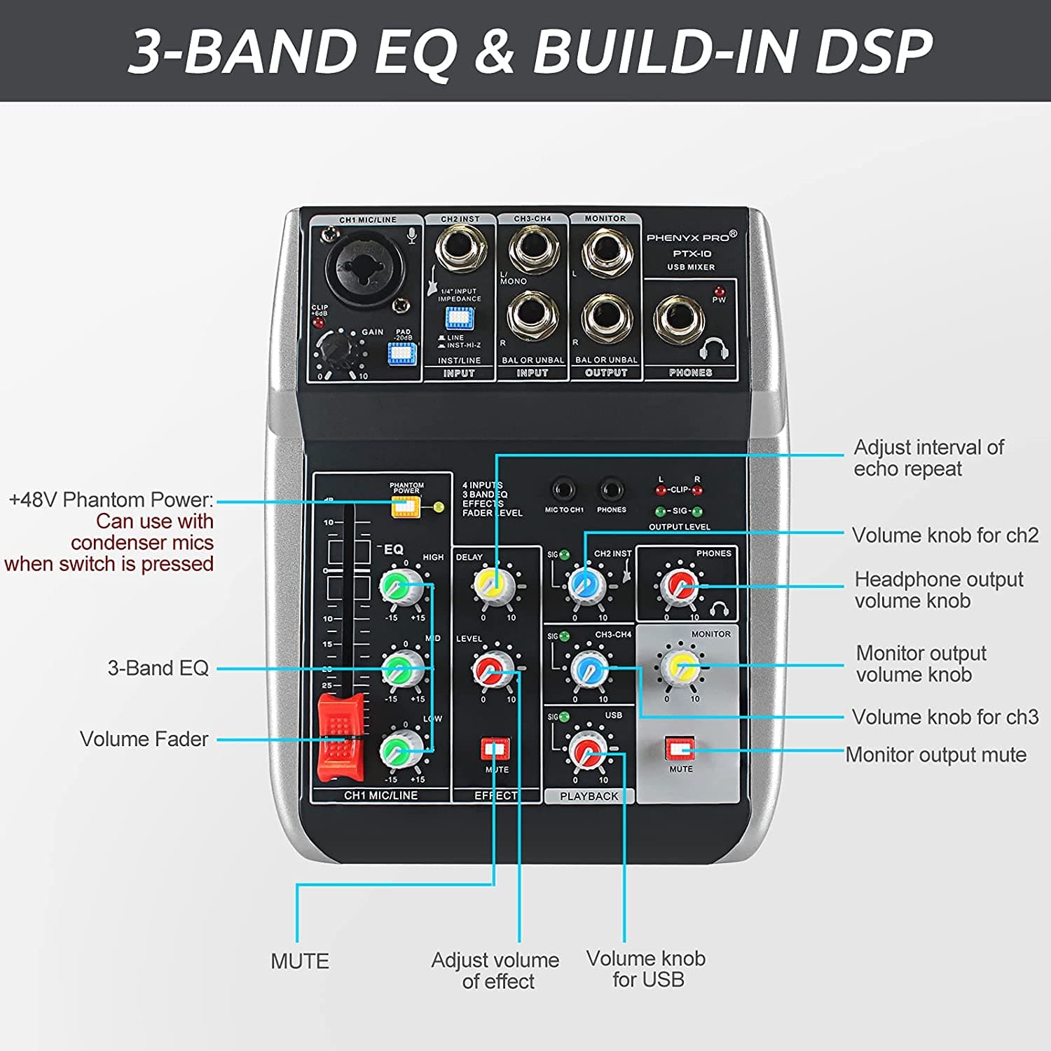 Phenyx Pro PTX-10A 4-input USB Mixer, +48V Phantom Power compatible condenser mics built in high-quality digital echo effect