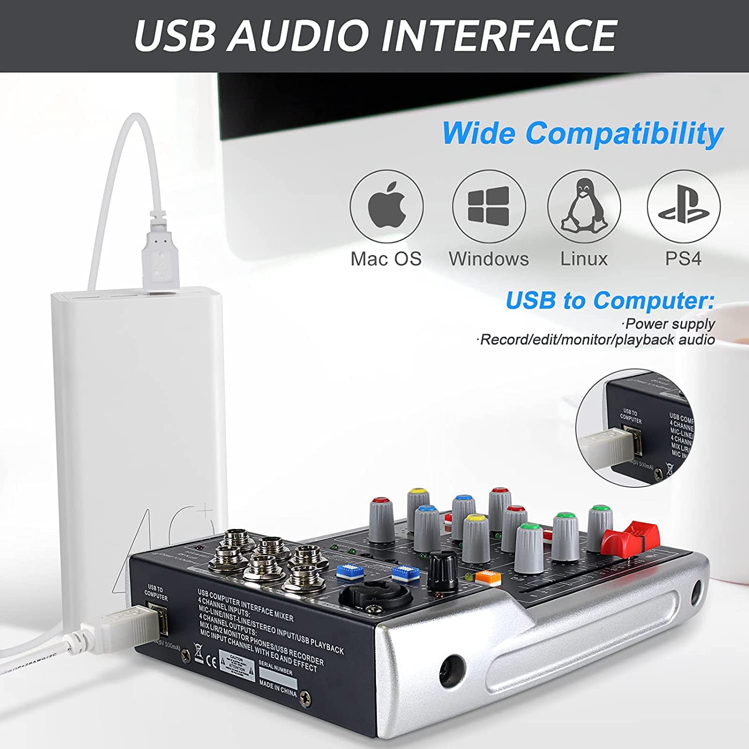 Phenyx Pro PTX-10A 4-input USB Mixer, built-in audio interface connect to PC/MAC/PS4 and record/edit/monitor audio with software