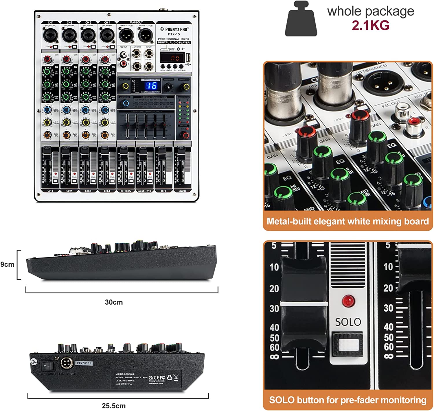 Phenyx Pro PTX-15 Soundboard with Graphic Equalizer, 4 Channels, USB Input, 16 Echo Effects