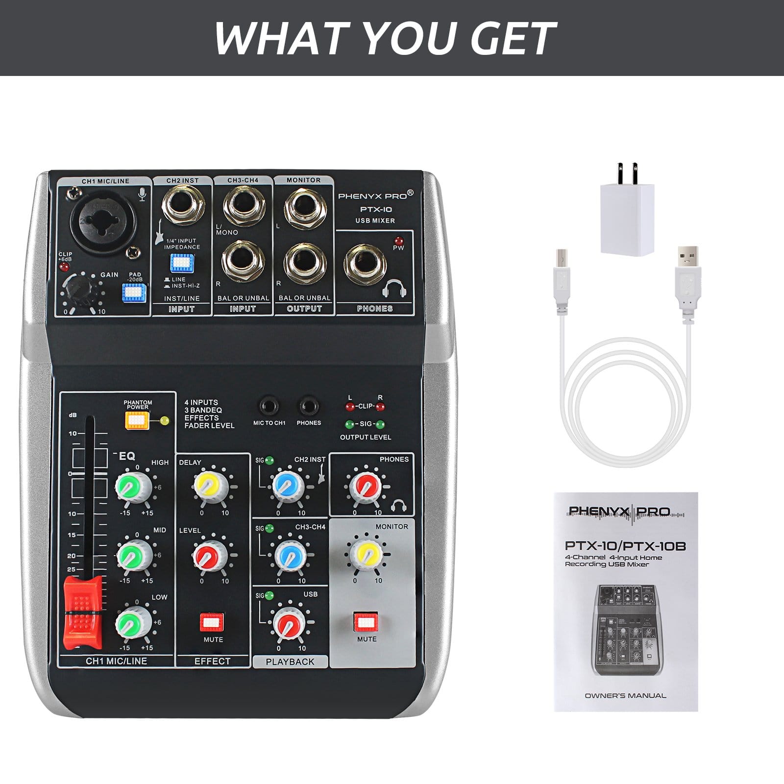 Phenyx Pro PTX-10A 4-input USB Mixer, come with USB cable can connect directly to PC/MAC/PS4
