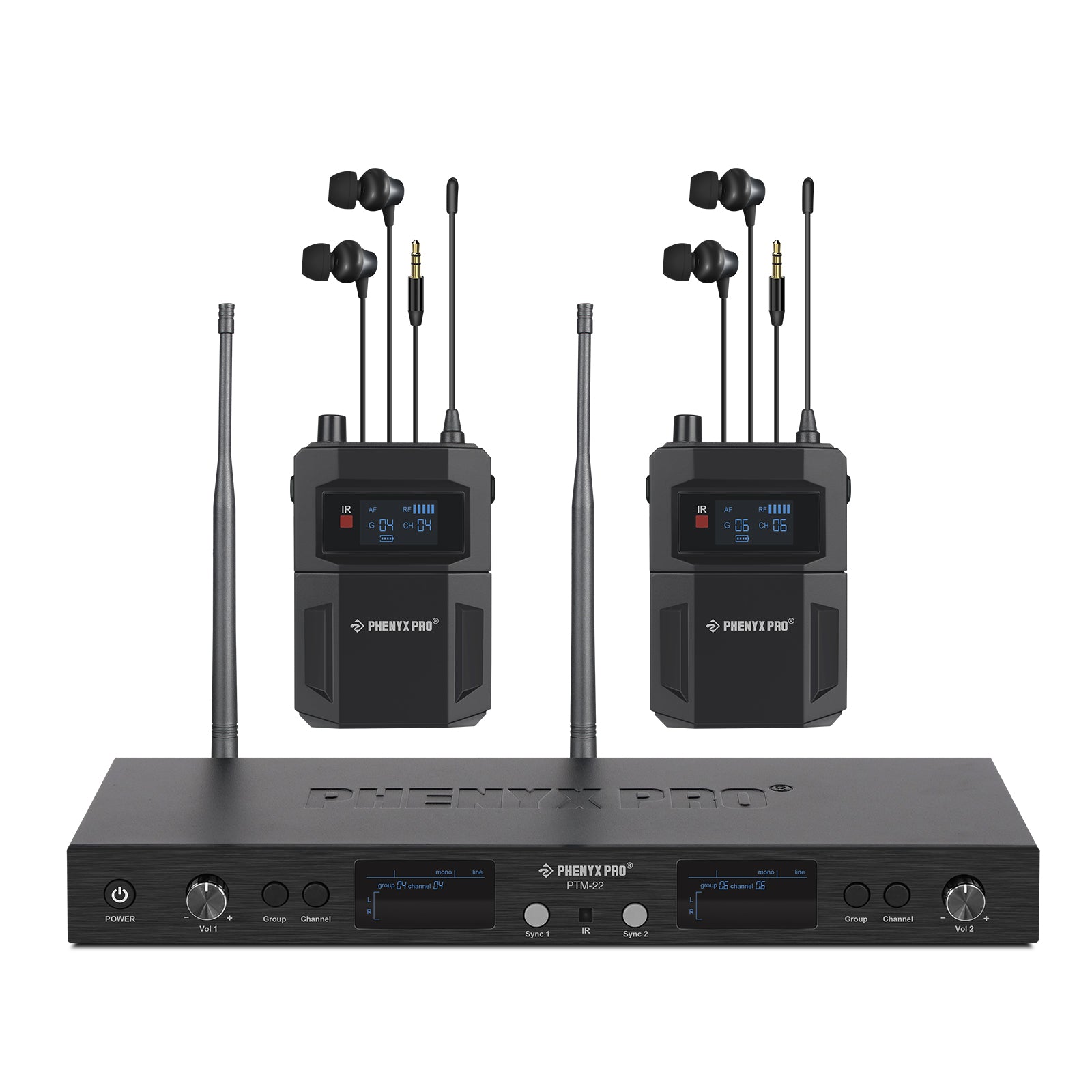 PTM-22-2B - Black - UHF Mono Dual Wireless in-Ear Monitor System - Front - Phenyx Pro