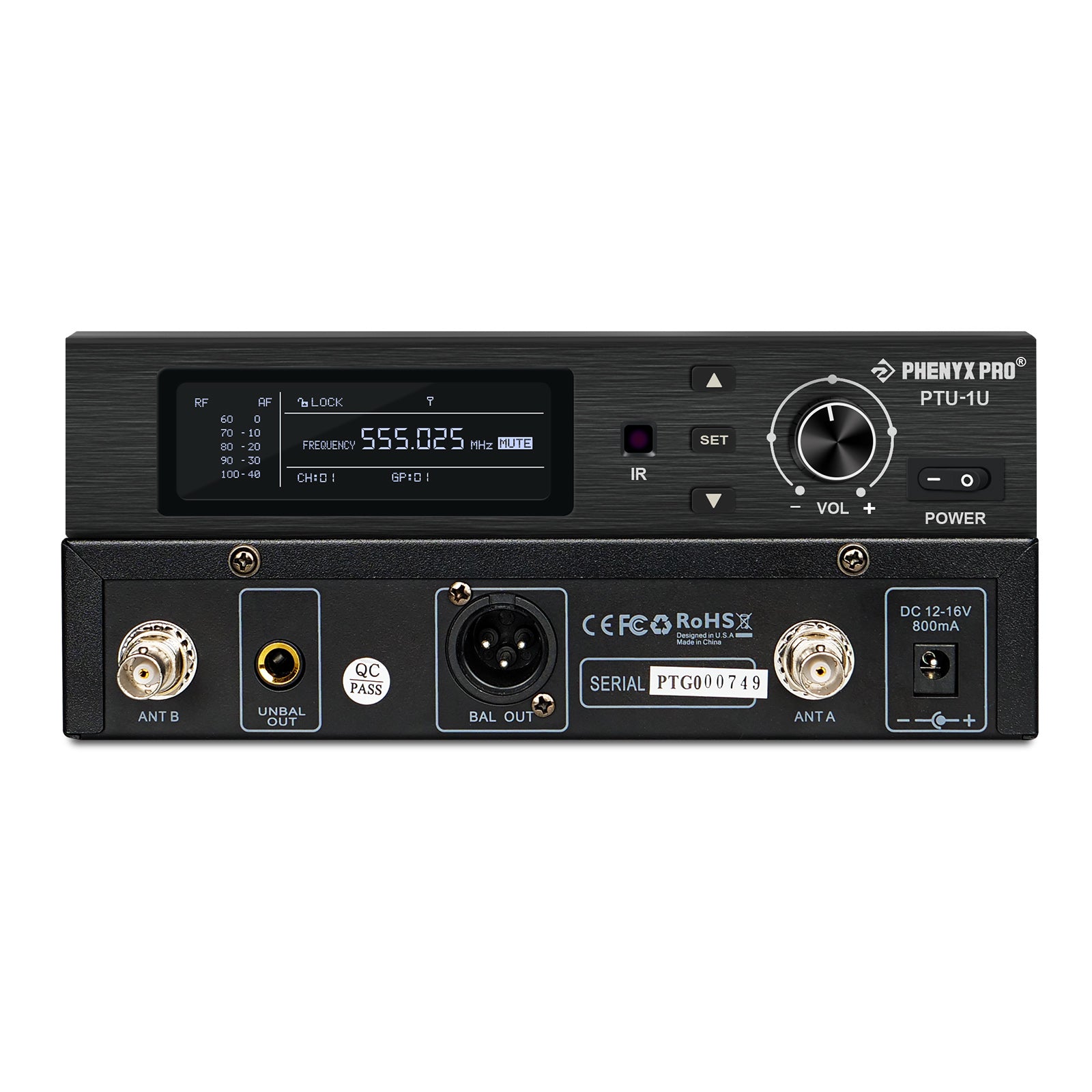 PTU-1U-1H - Black - Professional Wireless Microphone Receiver - Front & Rear - Phenyx Pro