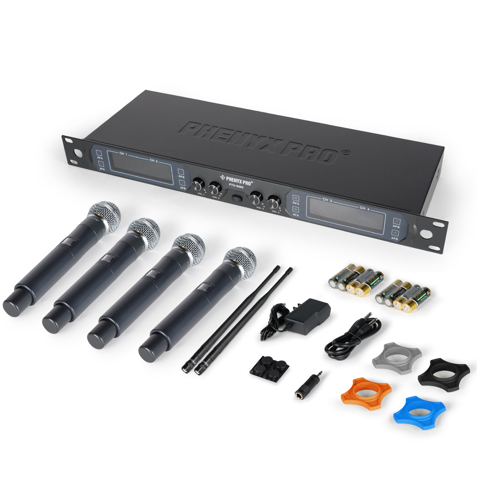 PTU-5000-4H - Black - UHF Fixed Frequency Quad Wireless Microphone System - Flat Lay View of Complete Set - Phenyx Pro