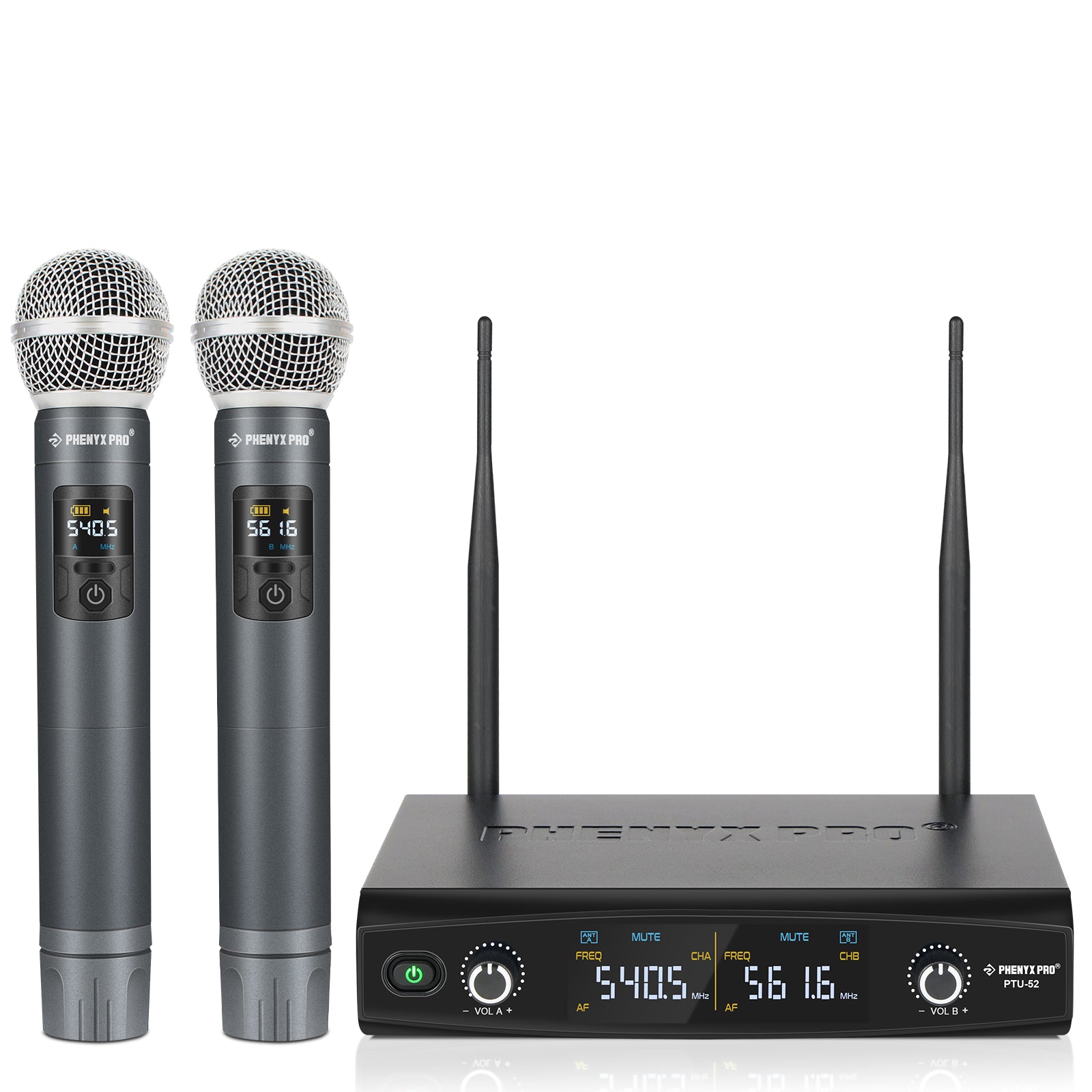 PTU-52-2H - Black - UHF Frequency Hopping Dual Wireless Microphone System - Front - Phenyx Pro