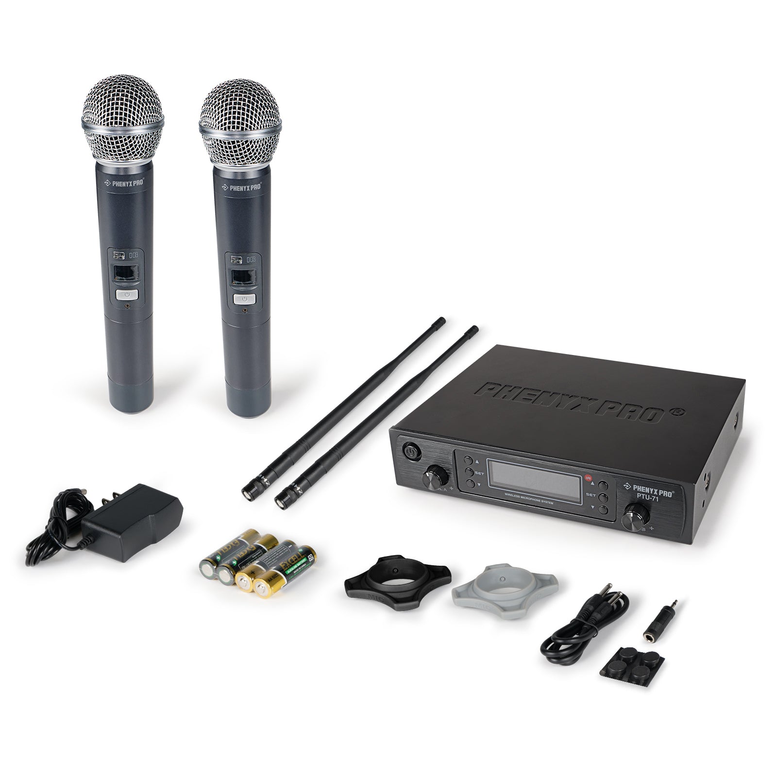PTU-71-2H - Black - Professional Dual-Channel Auto-Scan Wireless Microphone System - Flat Lay View of Complete Set - Phenyx Pro