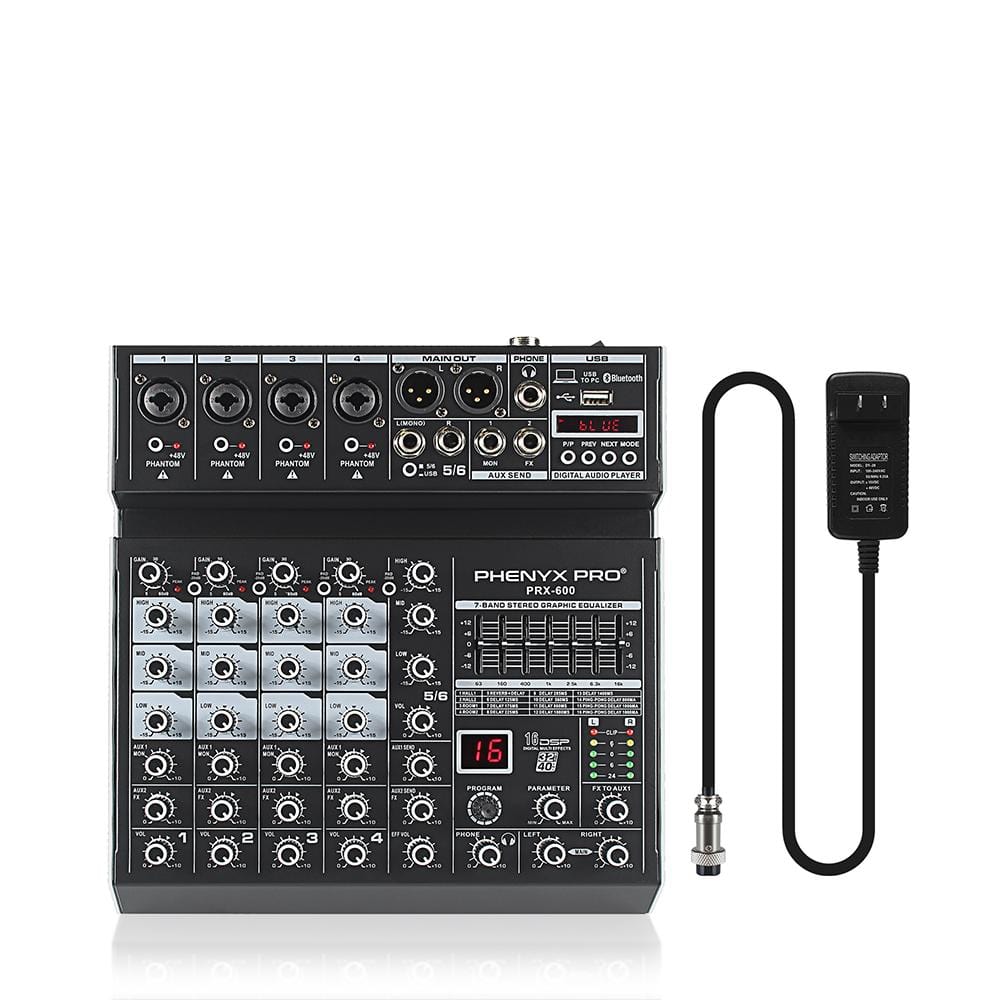Phenyx Pro PRX-600 Mixing Console, 6 Channels, USB Input, Stereo Equalizer w/ 16 Echo Effects