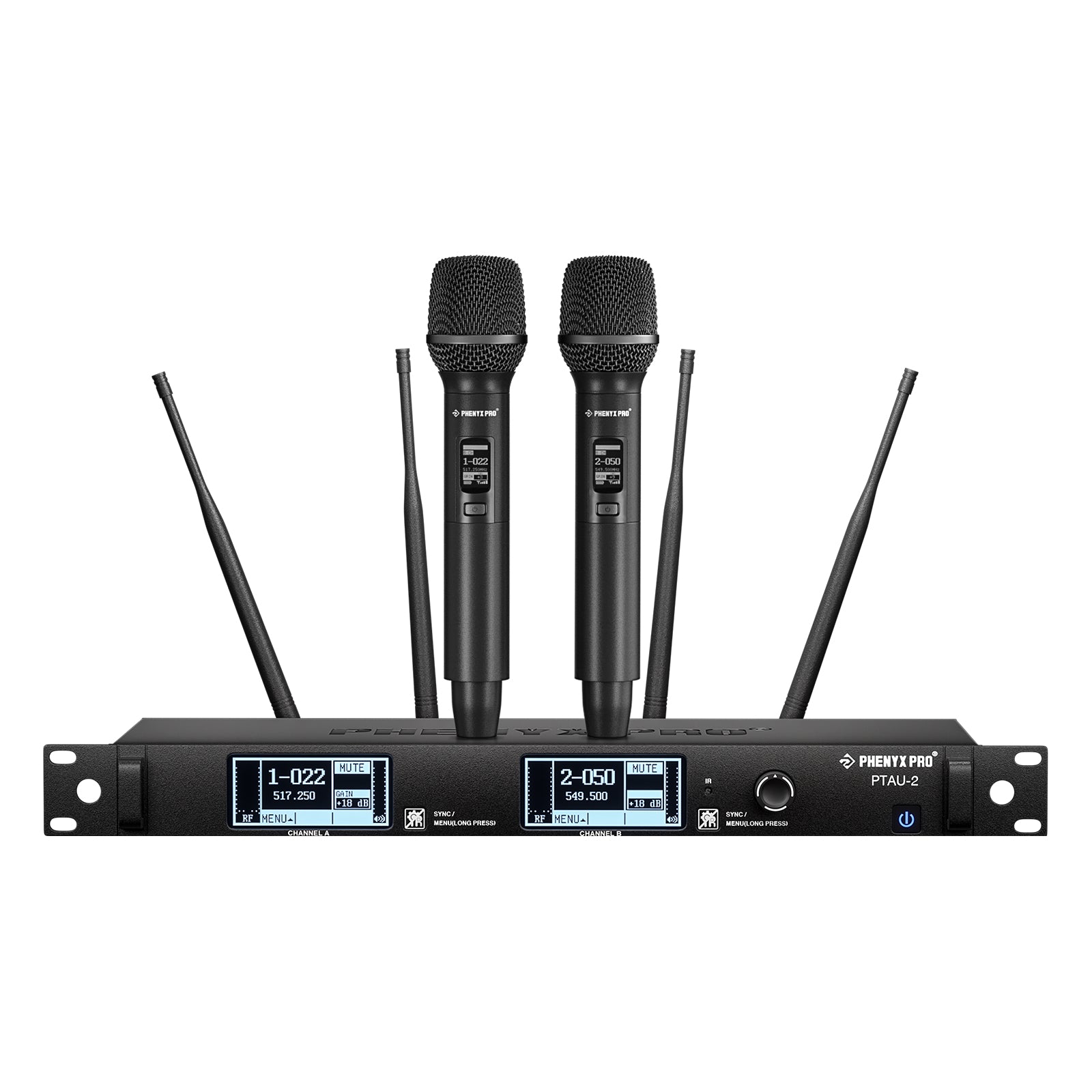 Phenyx Pro PTAU-2 - Black - Professional Dual-Channel Wireless Microphone System - Front View