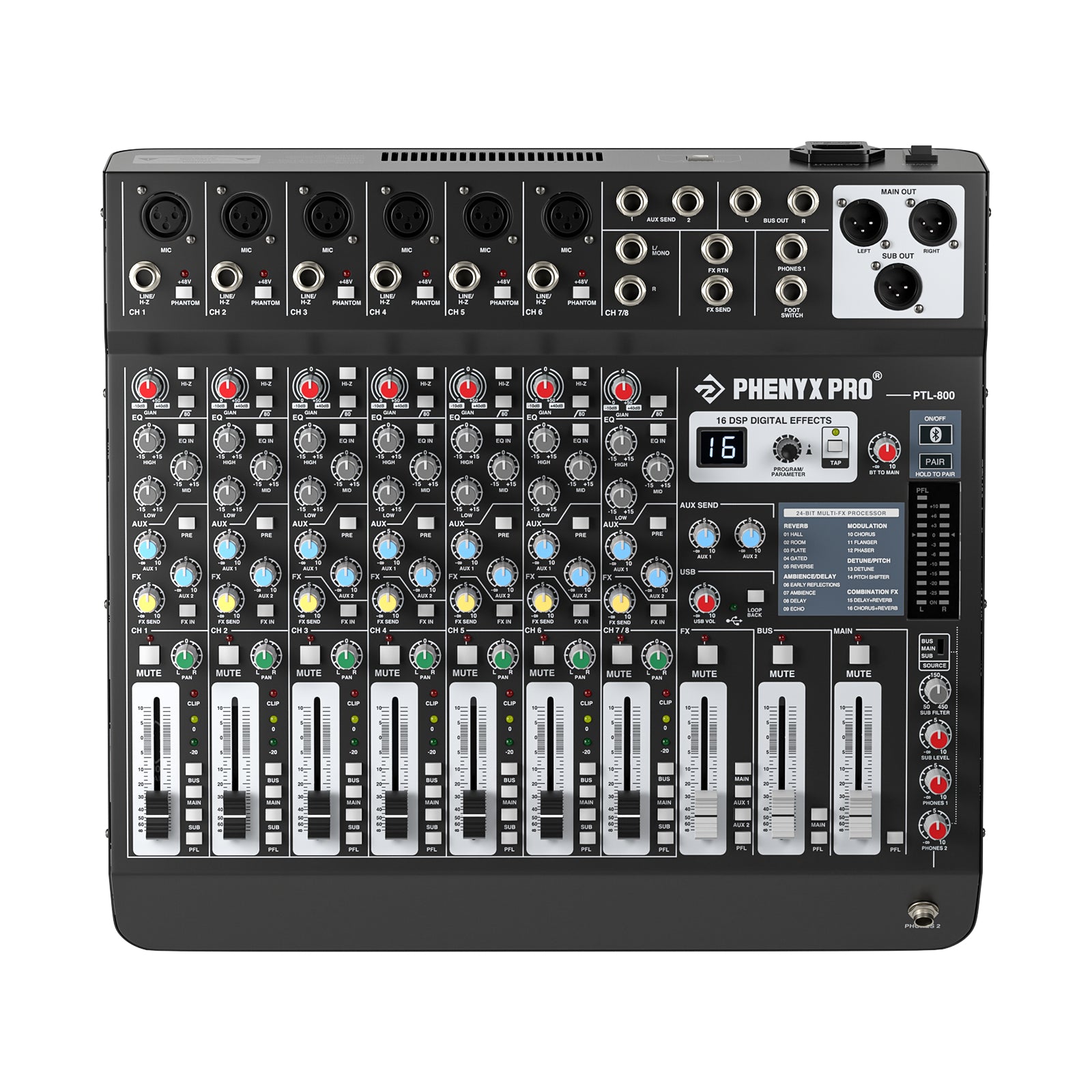 Phenyx Pro PTL-800 - Black - Professional 8-Channel Audio Mixer - Front View