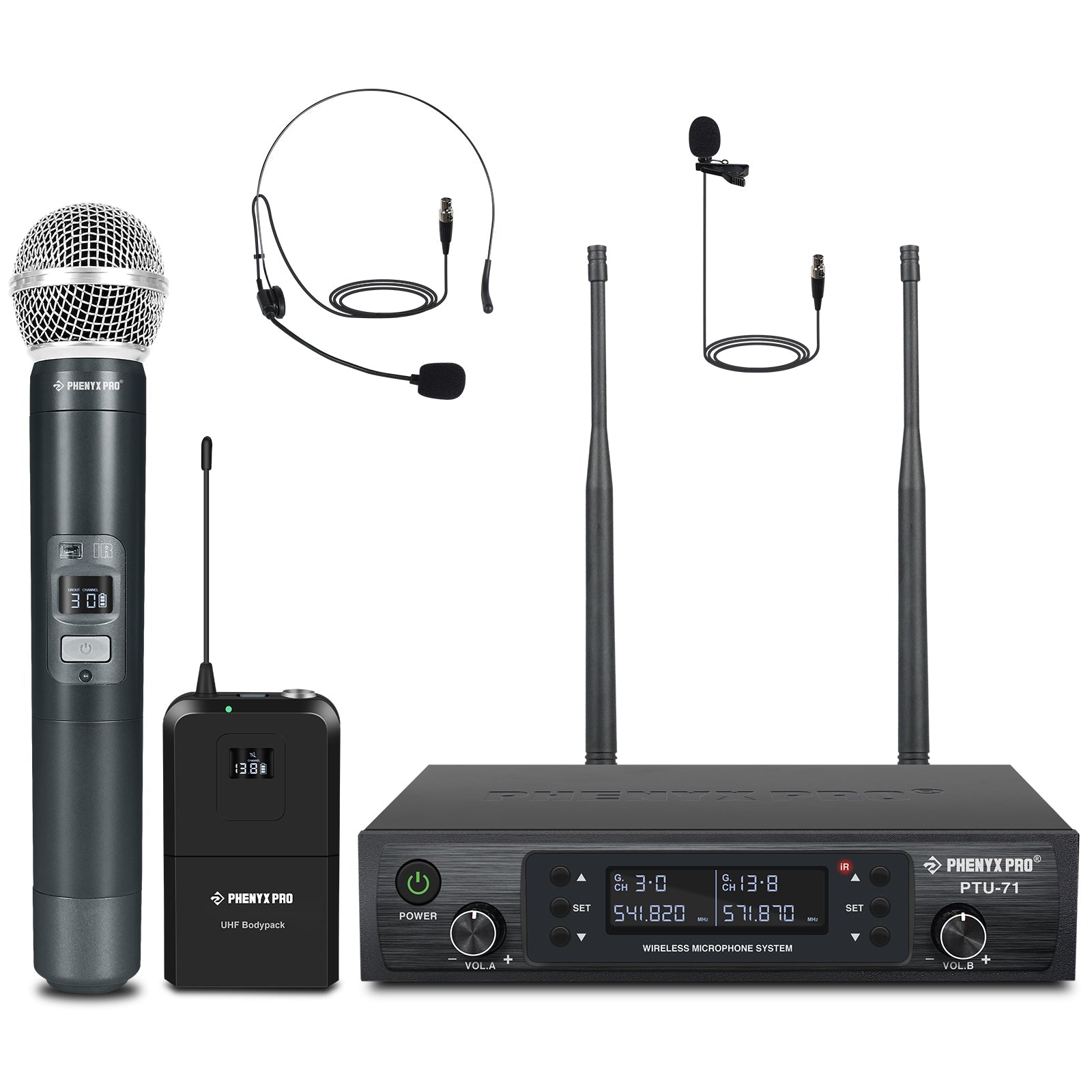 PTU-71-1H1B | Dual UHF Wireless Microphone System w/ Auto-Scan