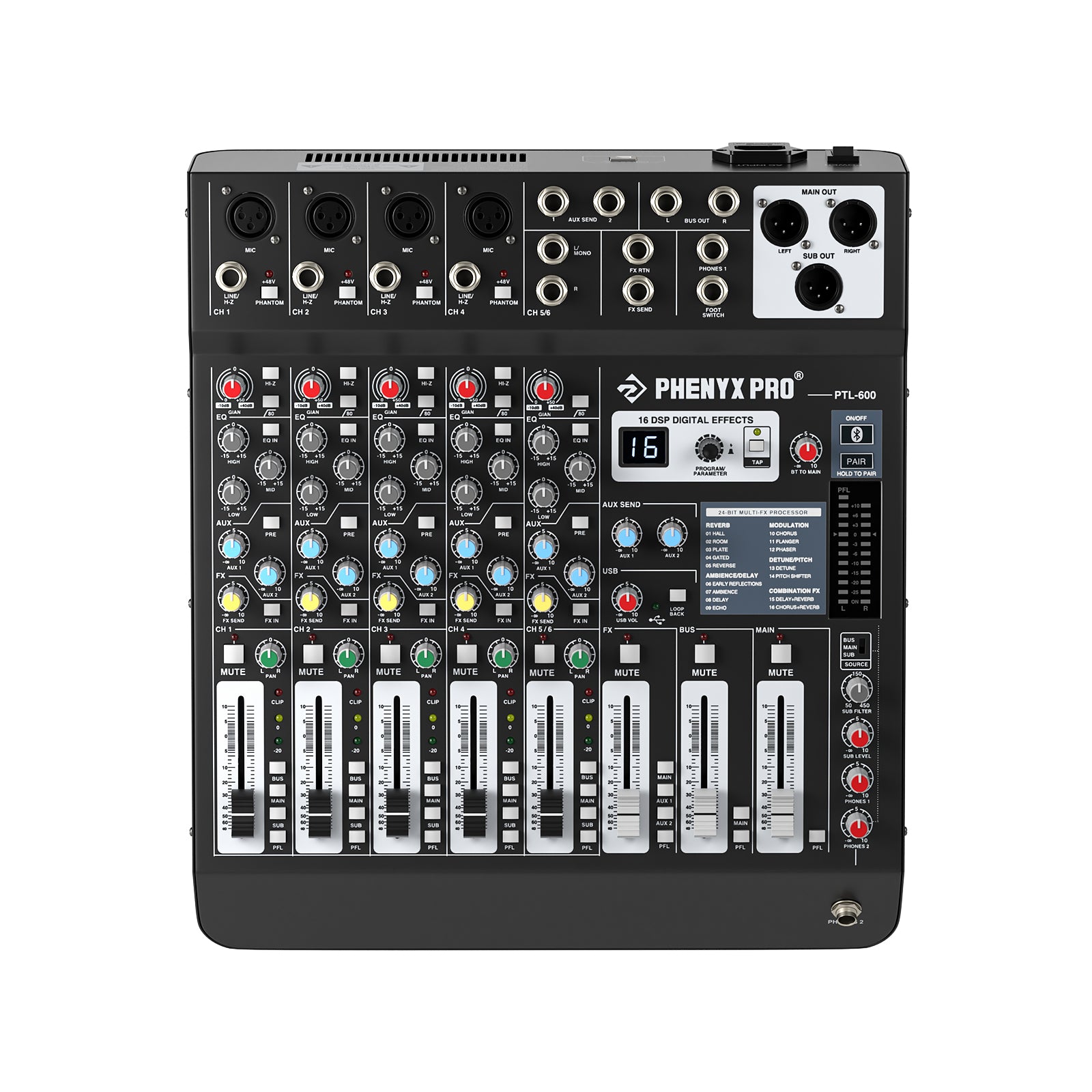 Phenyx Pro PTL-600 - Black - Professional 6-Channel Audio Mixer - Front View