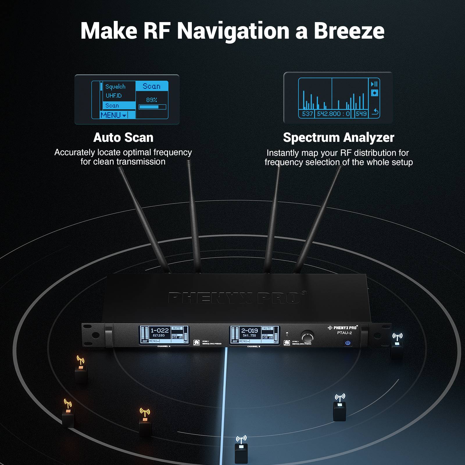 PTAU-2 | Dual-Channel Wireless Dynamic Mic System w/ Spectrum Analyzer