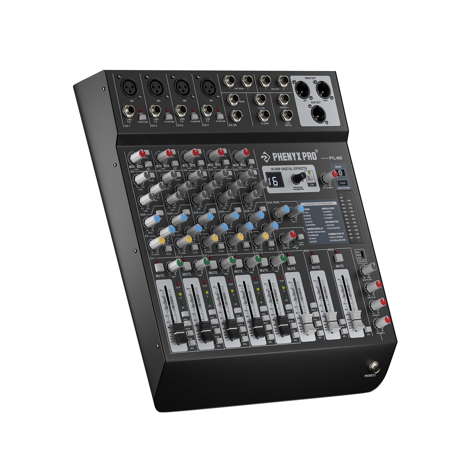 Phenyx Pro PTL-600 - Black - Professional 6-Channel Audio Mixer - Front Right Angle