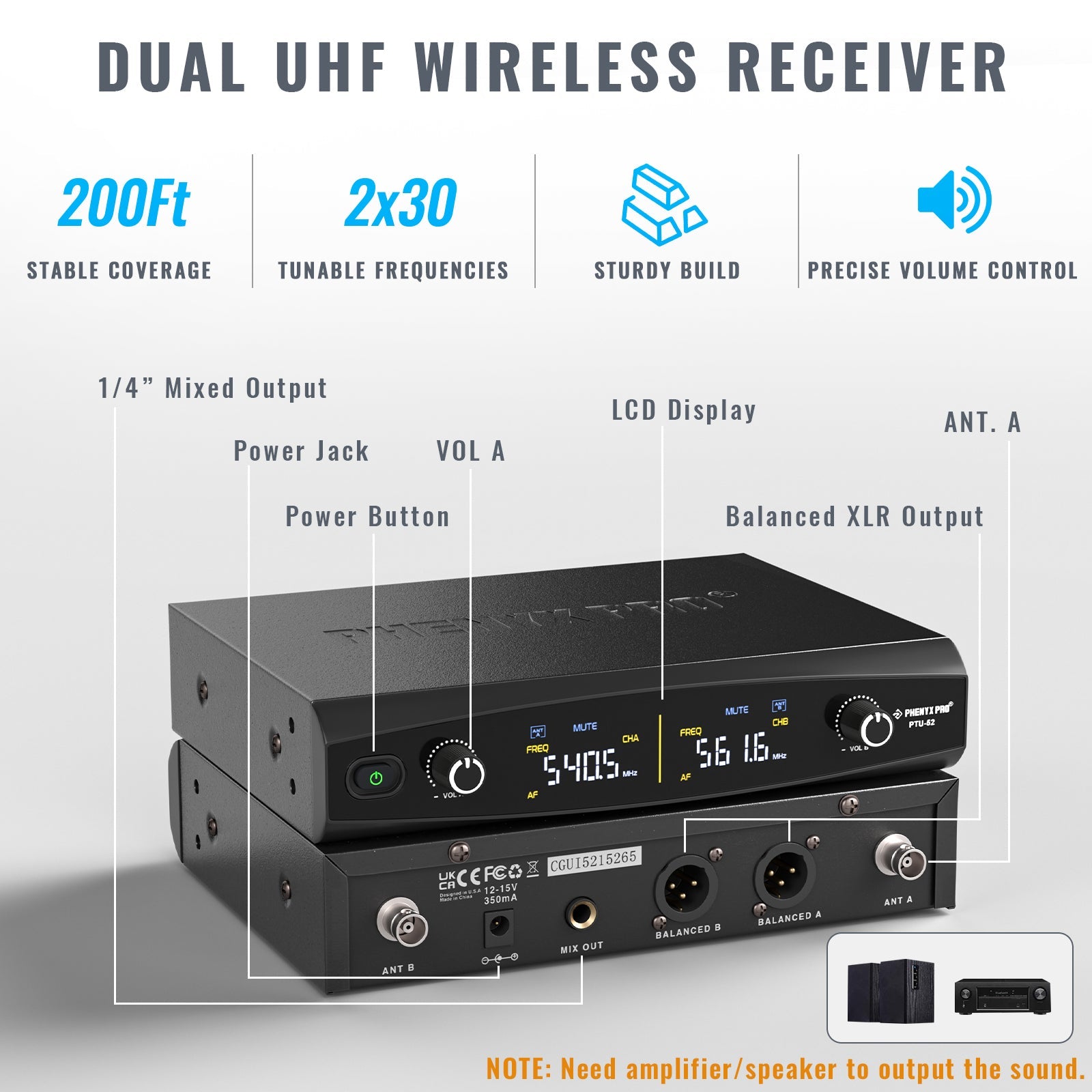 PTU-52-1H1B | Dual Wireless Microphone System w/ Frequency Hopping