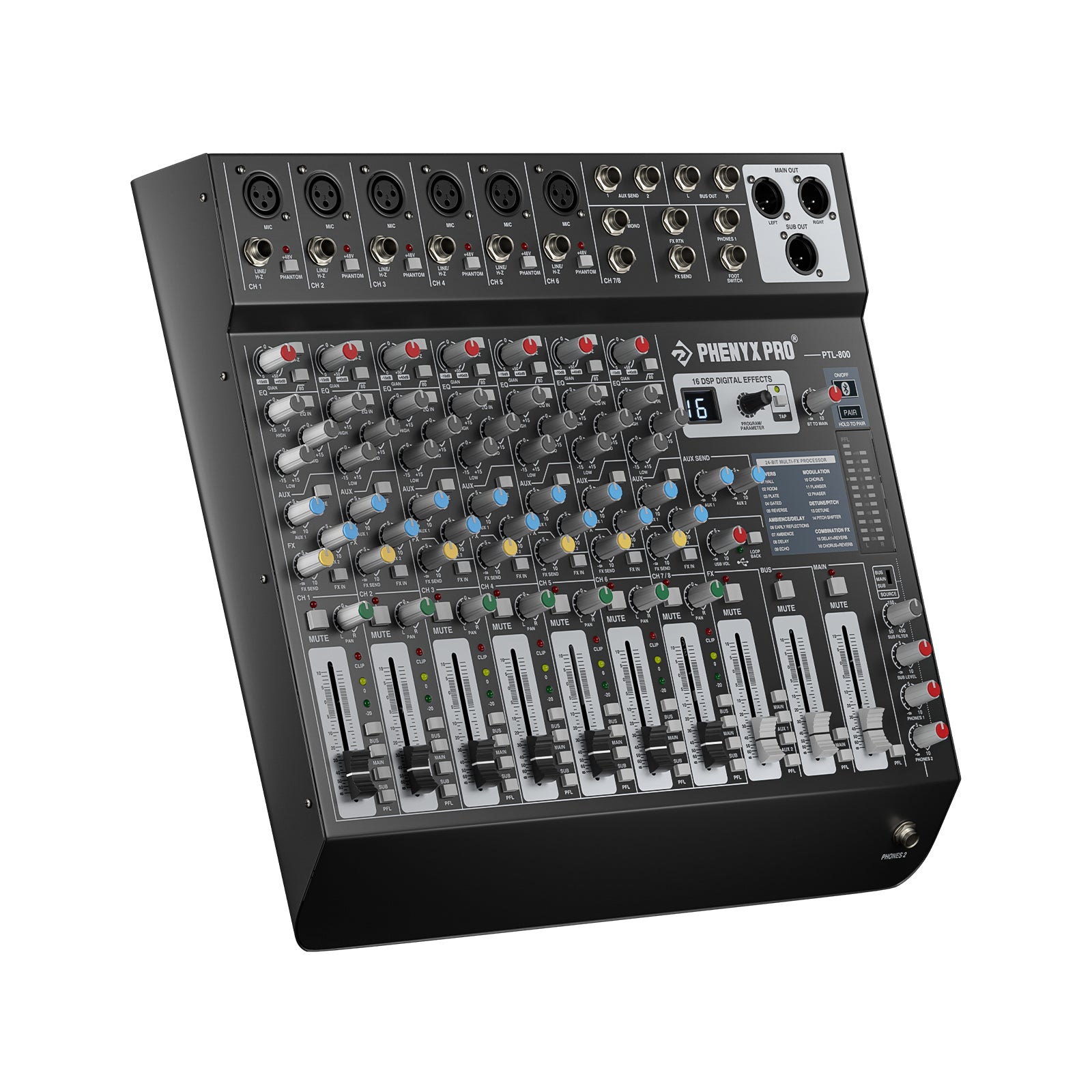 Phenyx Pro PTL-800 - Black - Professional 8-Channel Audio Mixer - Front Right Angle