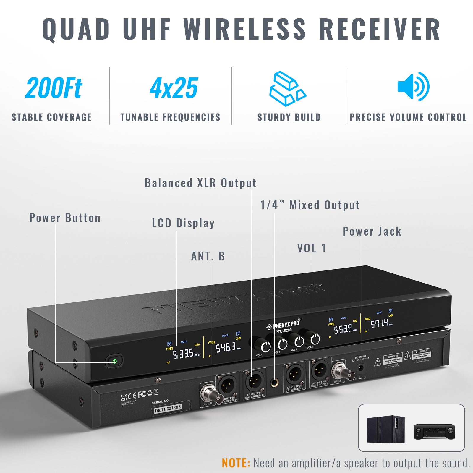 PTU-5200 | Quad Wireless Microphone System w/ Frequency Hopping (4H/2H2B)