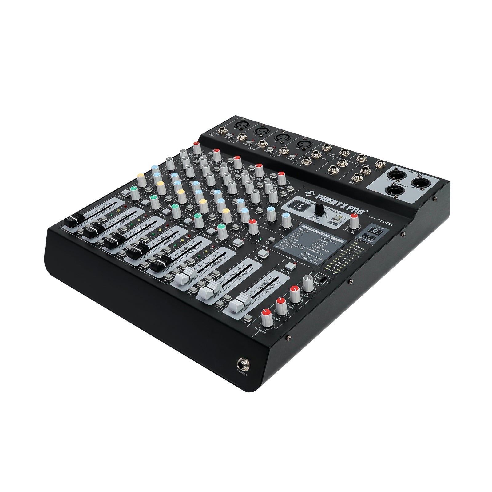 Phenyx Pro PTL-600 - Black - Professional 6-Channel Audio Mixer - Front Left Angle